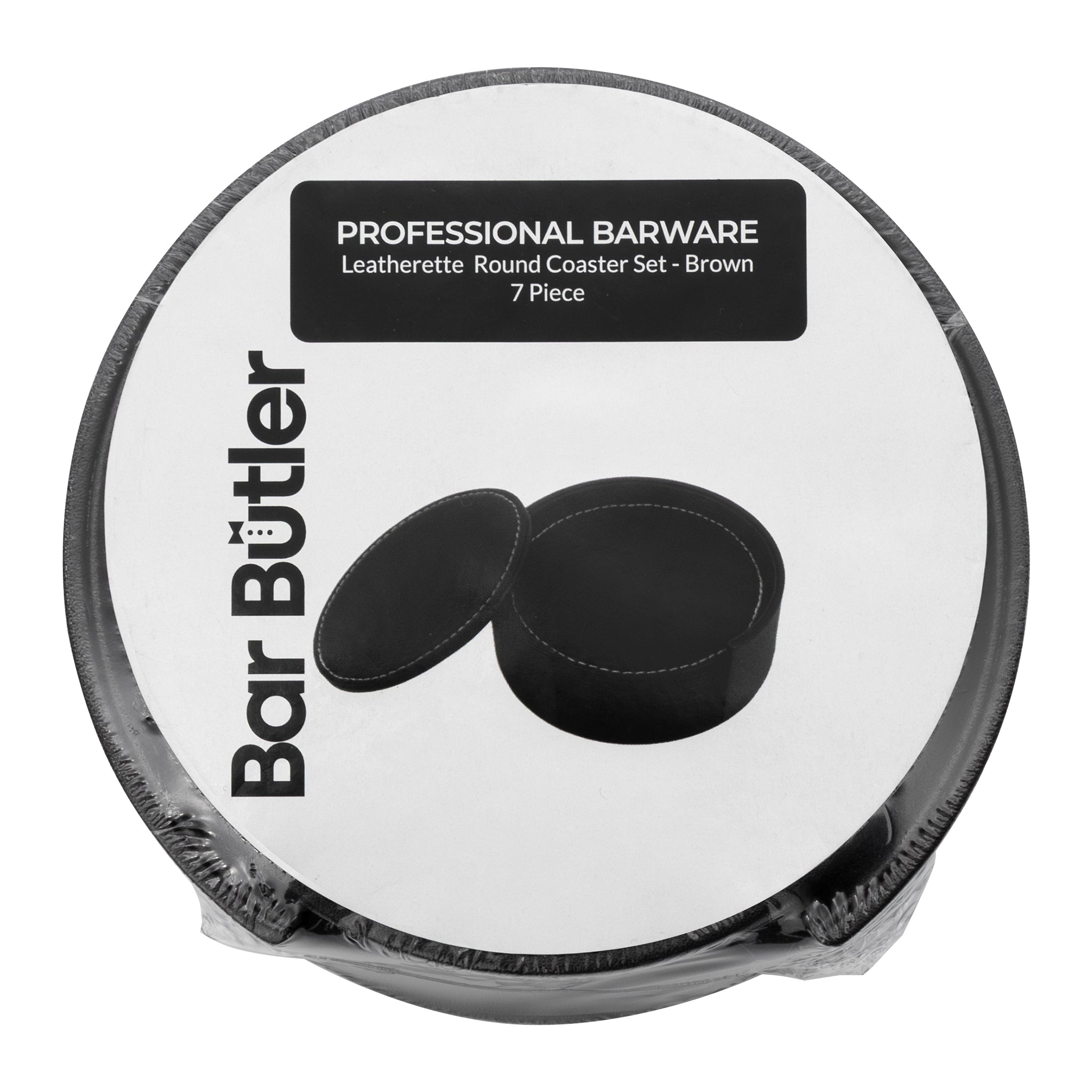 BAR BUTLER ROUND LEATHERETTE COASTERS 100MM DIA. IN HOLDER 7 PIECE SET