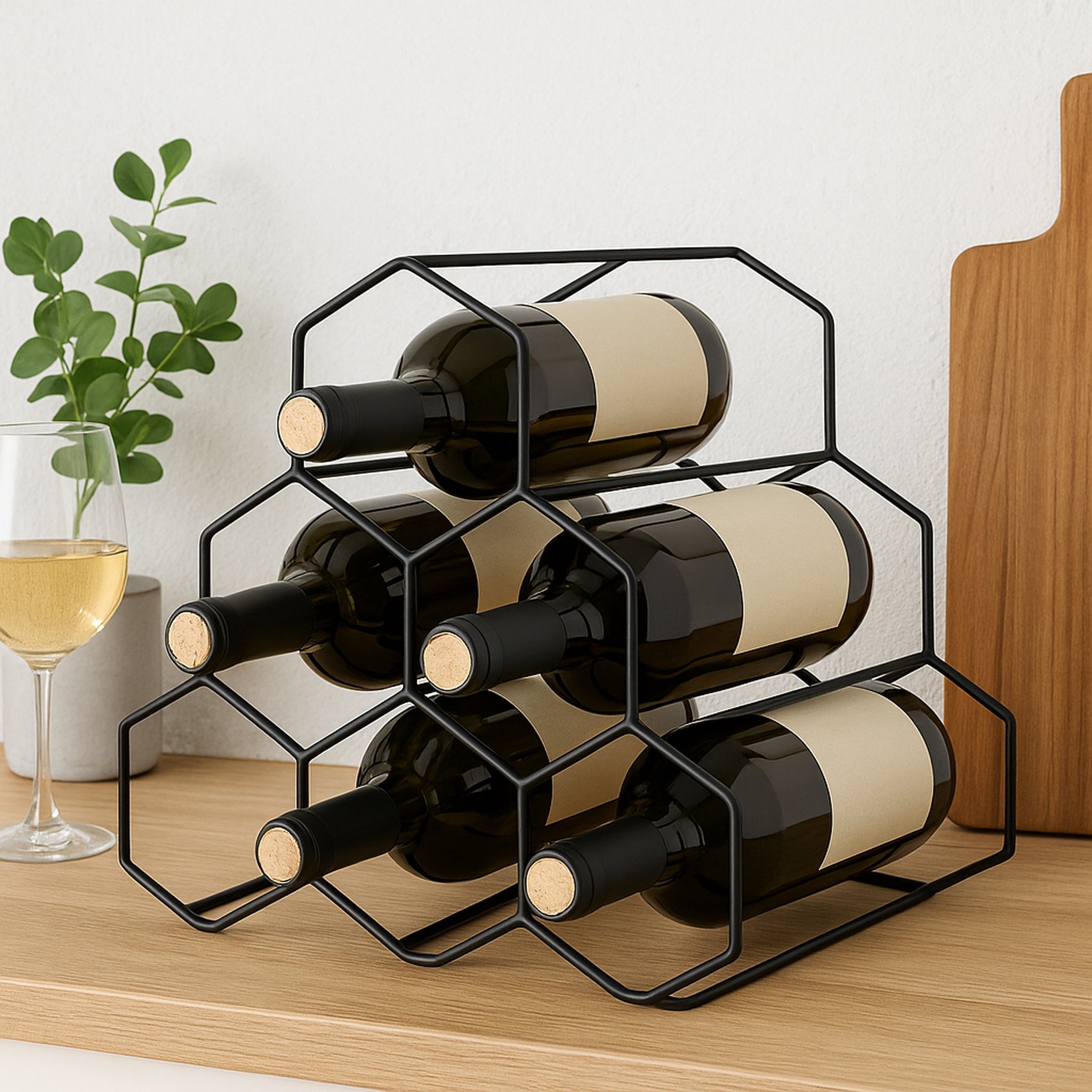 BAR BUTLER GEOMETRIC HEXAGON 6 BOTTLE BLACK WINE RACK