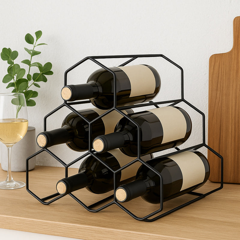 BAR BUTLER GEOMETRIC HEXAGON 6 BOTTLE BLACK WINE RACK