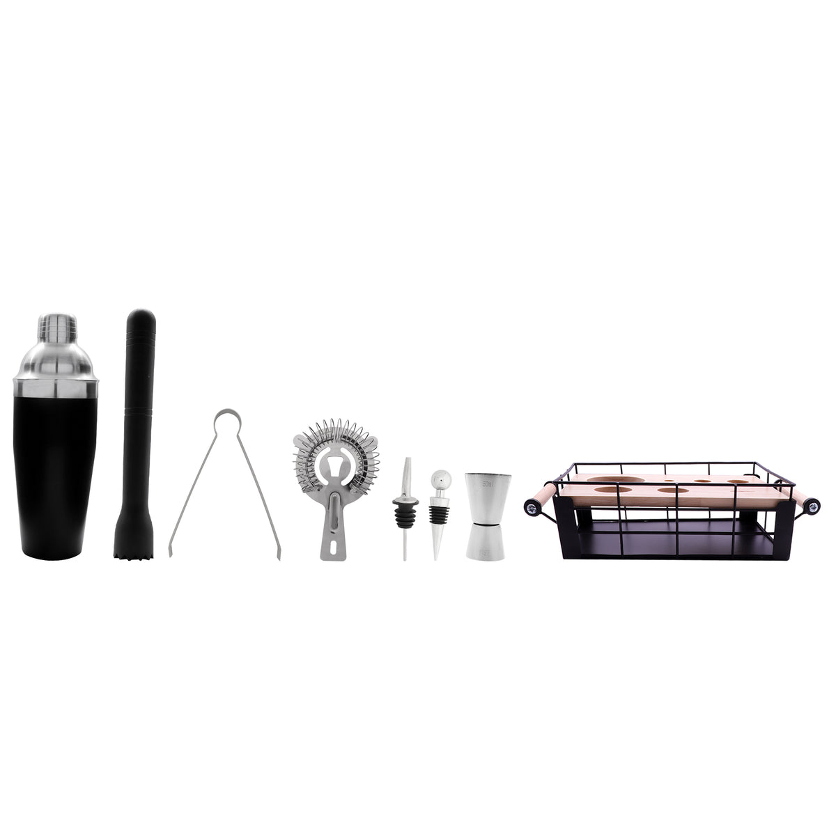 BAR BUTLER COCKTAIL BAR CADDY WITH WOODEN HANDLES, 8PCS SET