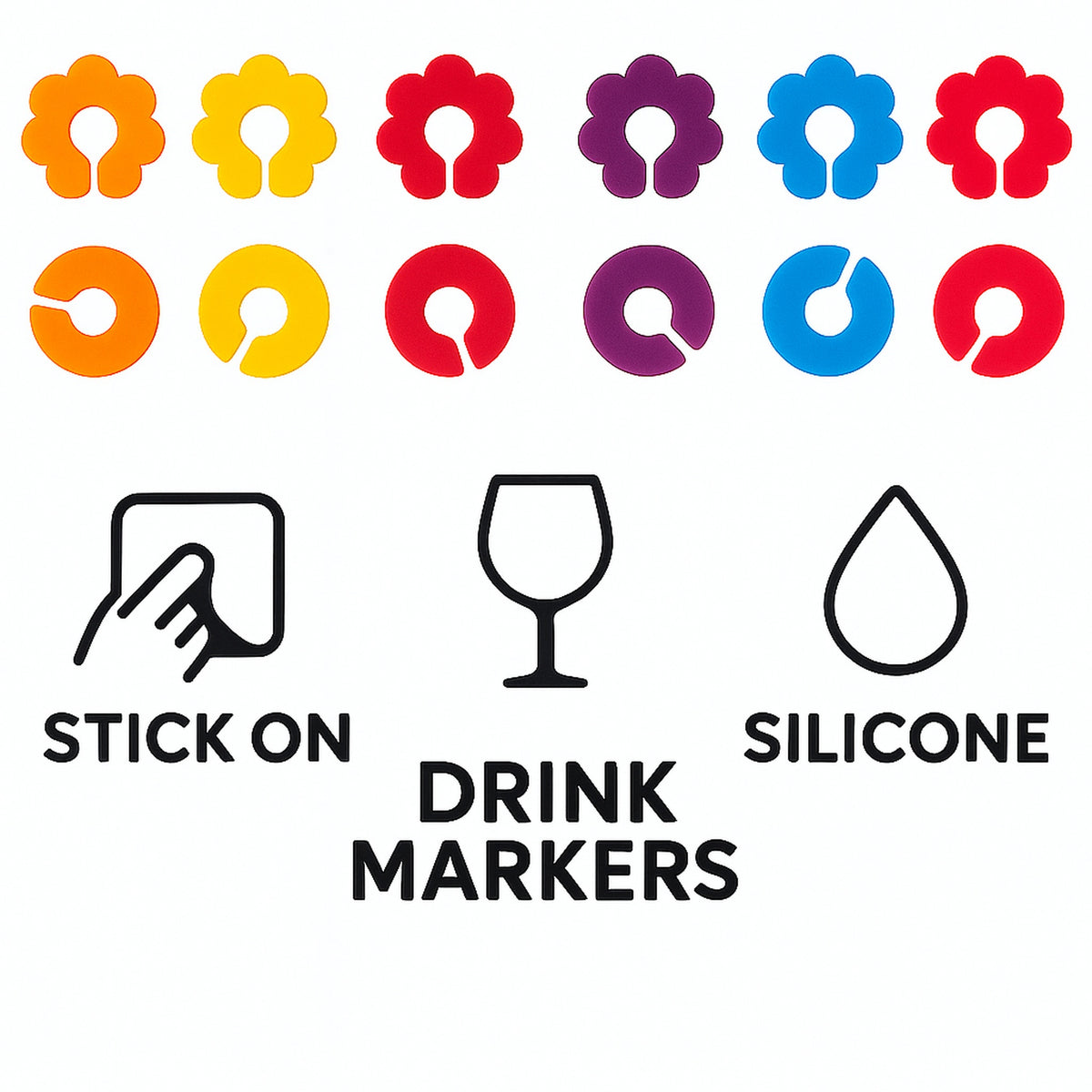 BAR BUTLER WINE GLASS STEM COLOURED SILICONE MARKERS 12PK SET