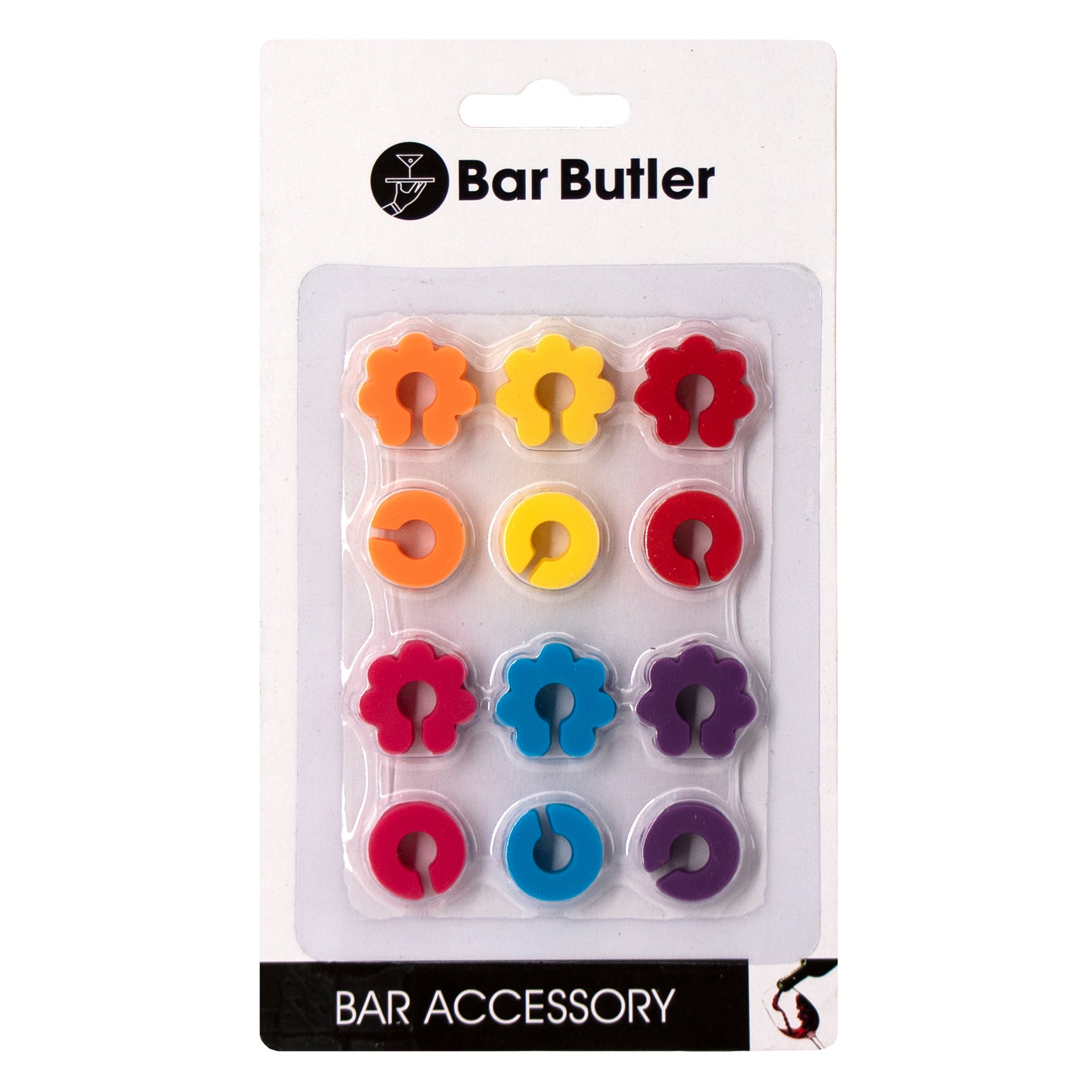 BAR BUTLER WINE GLASS STEM COLOURED SILICONE MARKERS 12PK SET