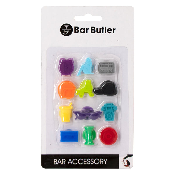 BAR BUTLER WINE GLASS SILICONE MARKER CHARMS 12 PIECE SET