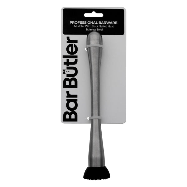 BAR BUTLER MUDDLER ST STEEL WITH BLACK NETTED HEAD, (40MM DIAX220MM)