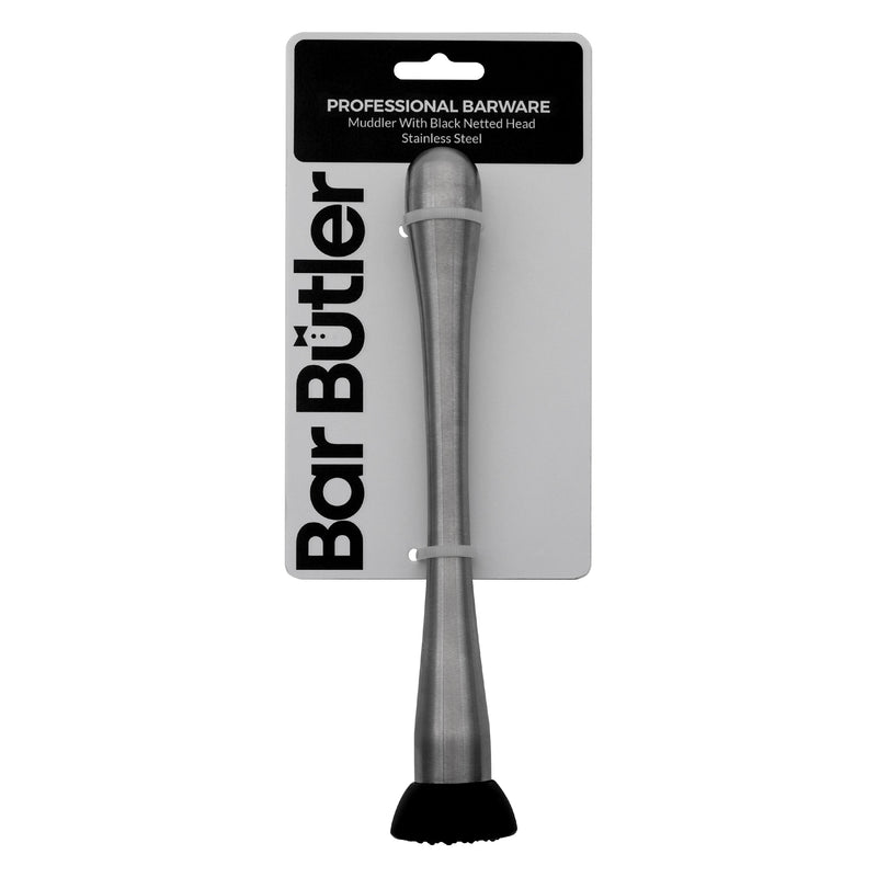 BAR BUTLER MUDDLER ST STEEL WITH BLACK NETTED HEAD, (40MM DIAX220MM)