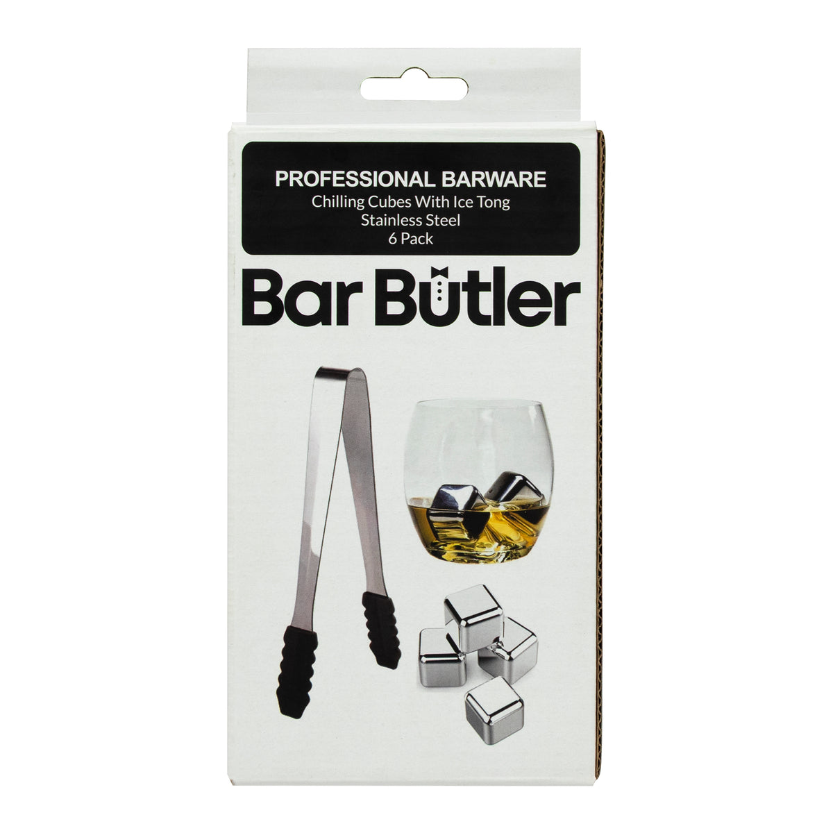 BAR BUTLER CHILLING CUBES (4) WITH ICE TONG ST STEEL & SILICONE, IN A PLASTIC CASE, 6PCS SET