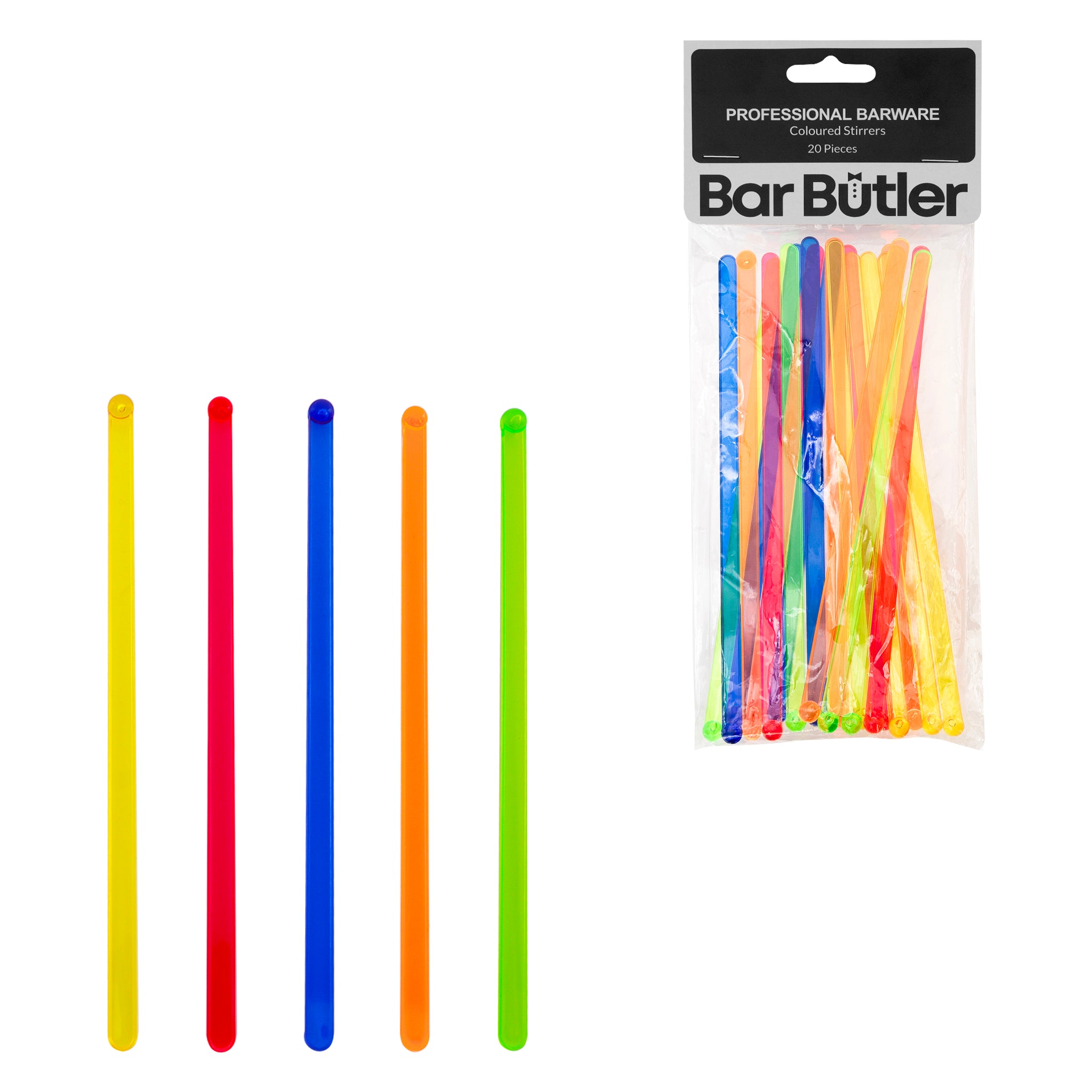 BAR BUTLER COLOURED PLASTIC STIRRERS 20PK, 165MM