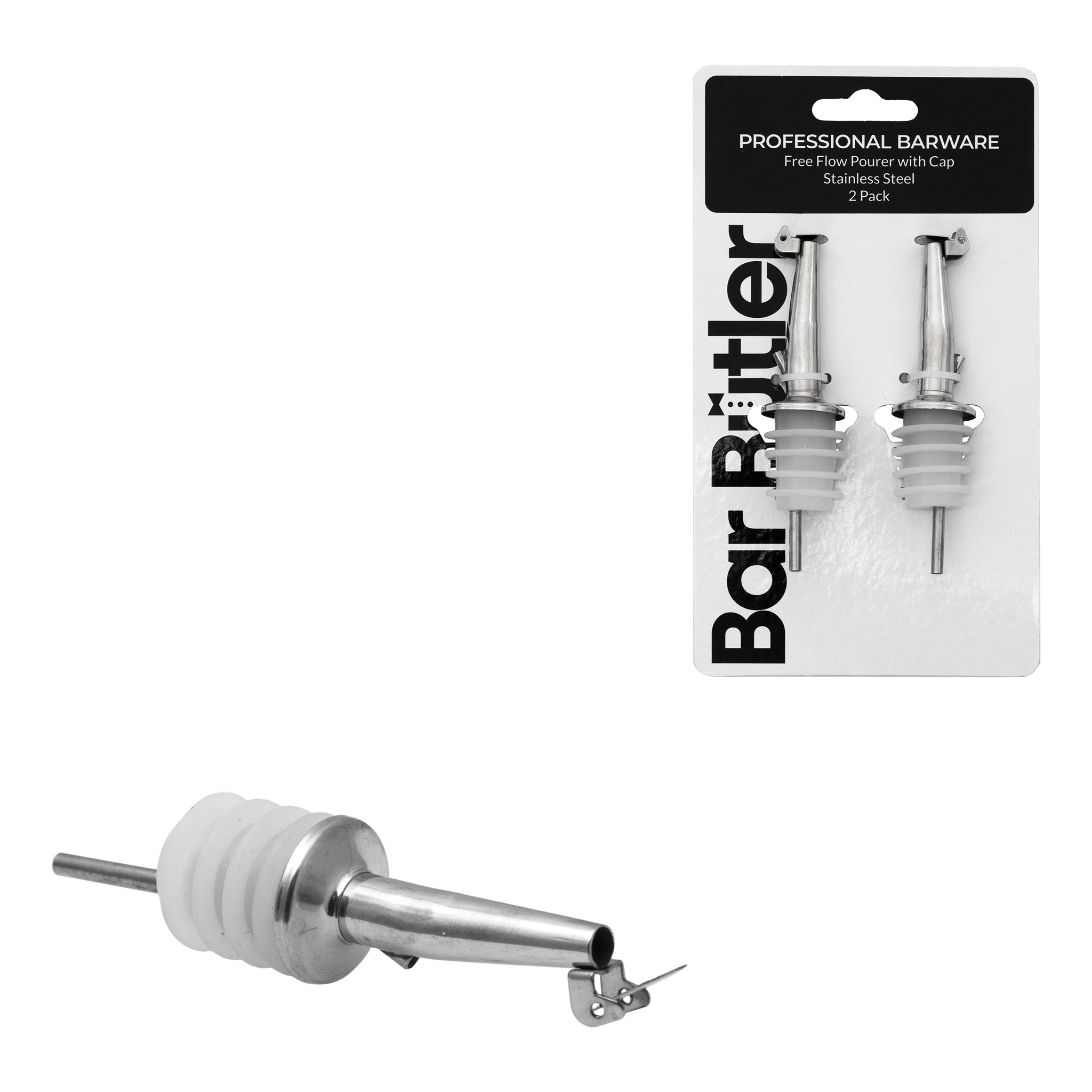 BAR BUTLER FREE FLOW POURERS WITH CAPS STAINLESS STEEL 2PK