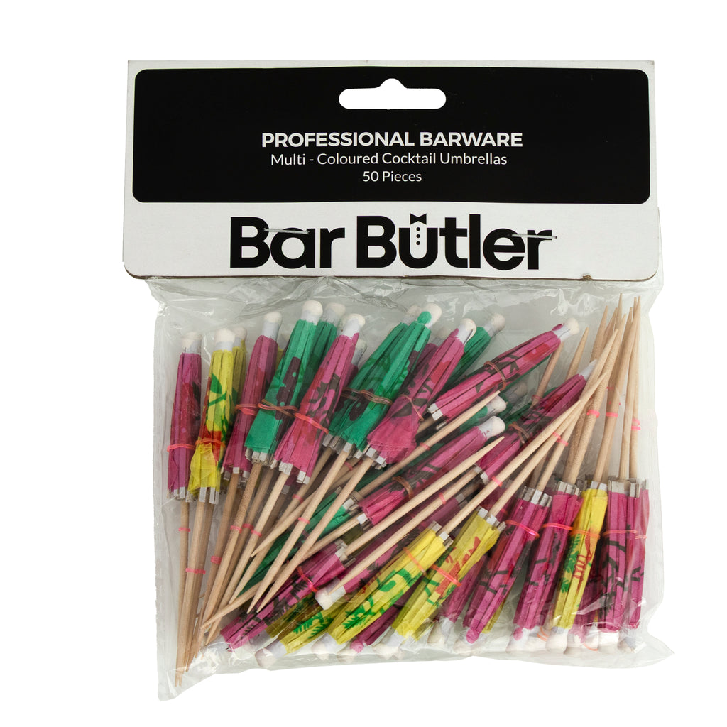 BAR BUTLER MULTI-COLOURED COCKTAIL UMBRELLAS 50PK, 100MM