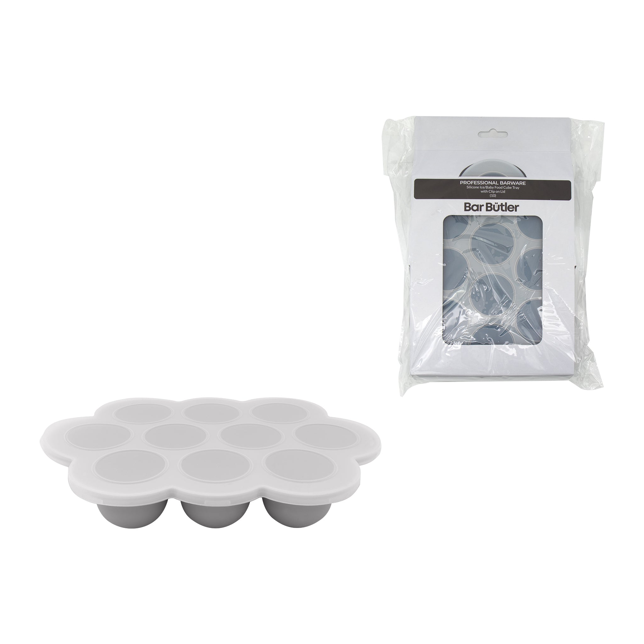 BAR BUTLER GREY SILICONE 10 ICE/BABY FOOD MOULDS WITH COVER
