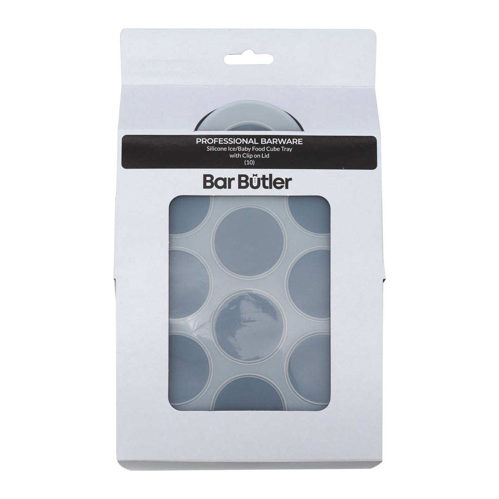 BAR BUTLER GREY SILICONE 10 ICE/BABY FOOD MOULDS WITH COVER