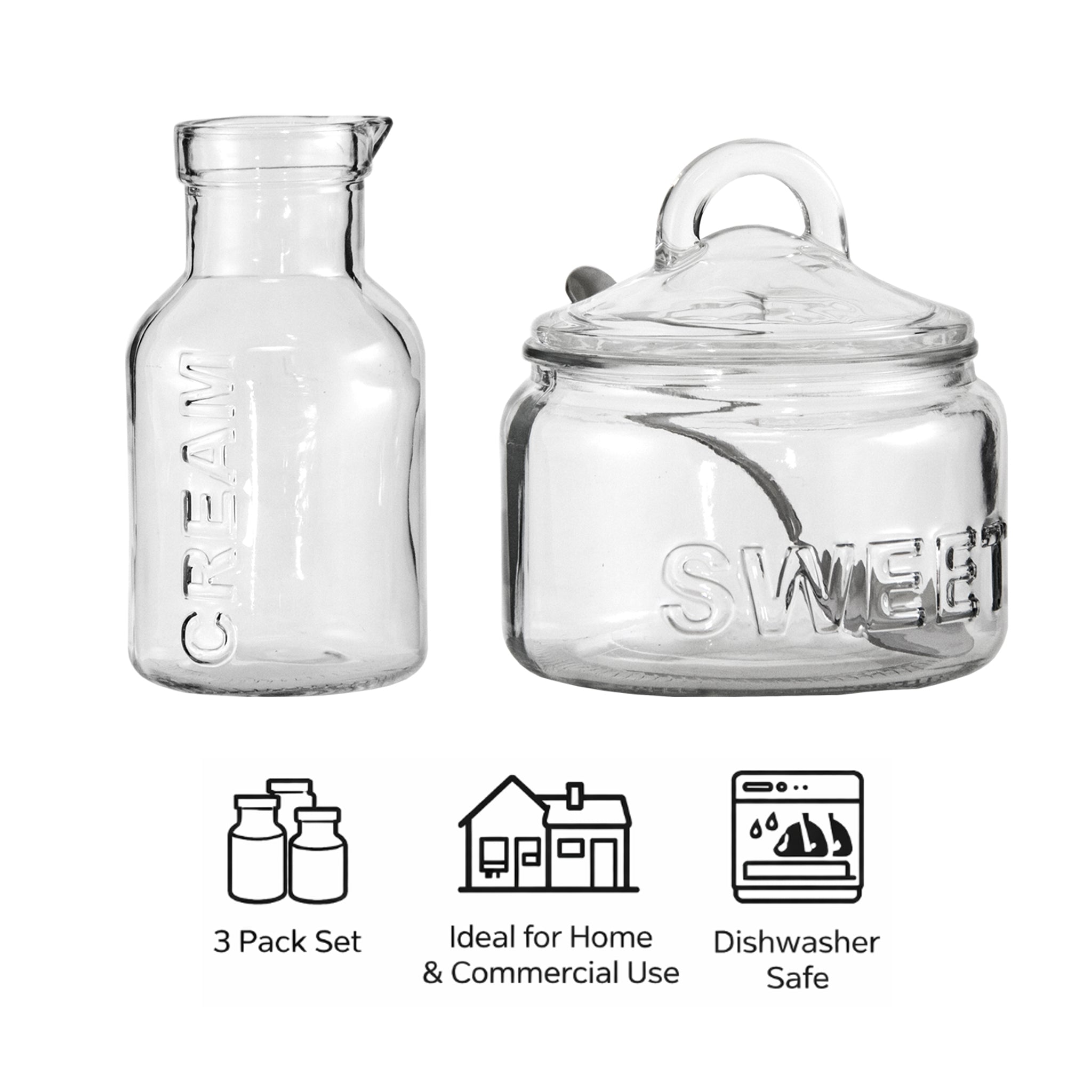 REGENT GLASS SUGAR BOWL 540ML & CREAMER 340ML WITH SPOON 3PCS SET