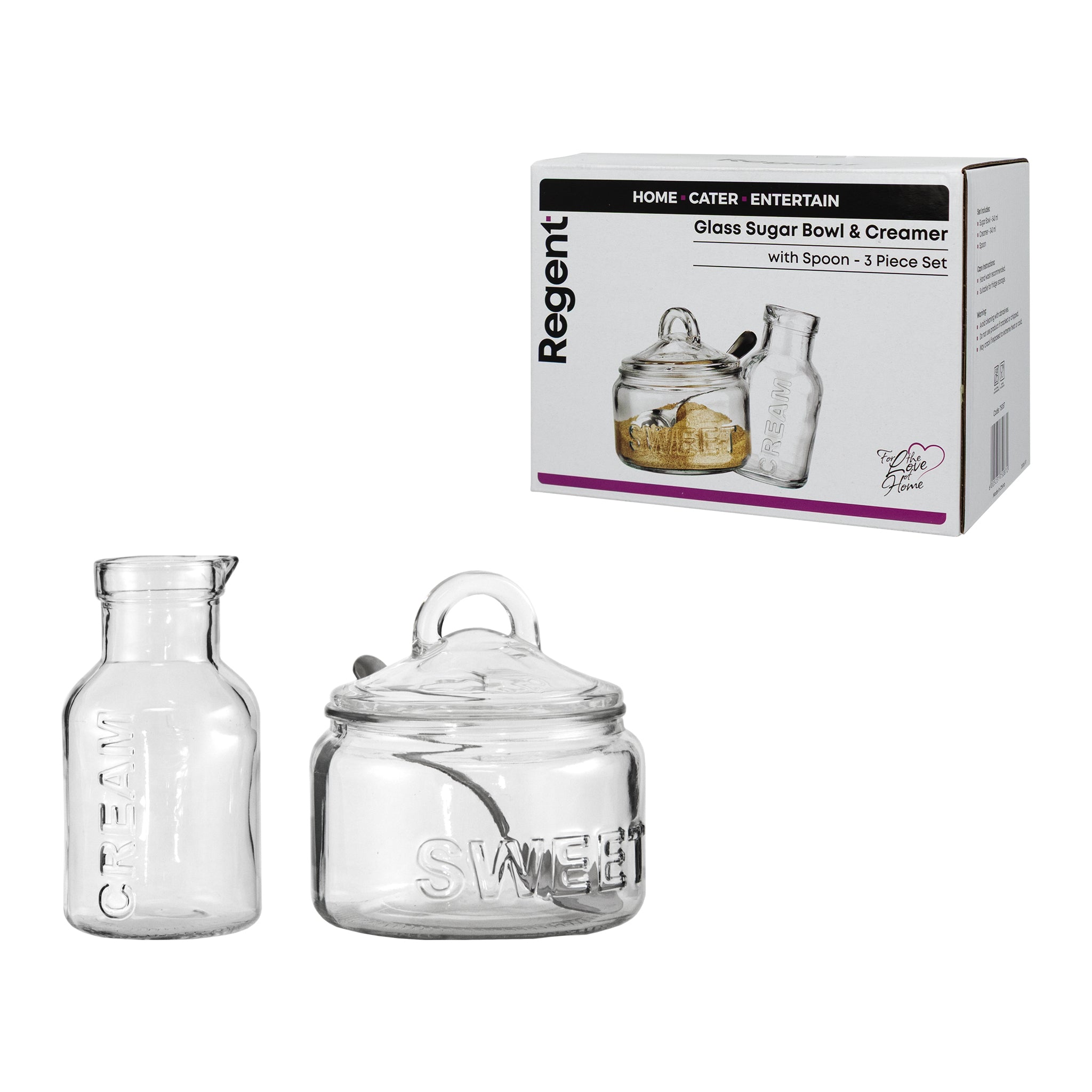 REGENT GLASS SUGAR BOWL 540ML & CREAMER 340ML WITH SPOON 3PCS SET