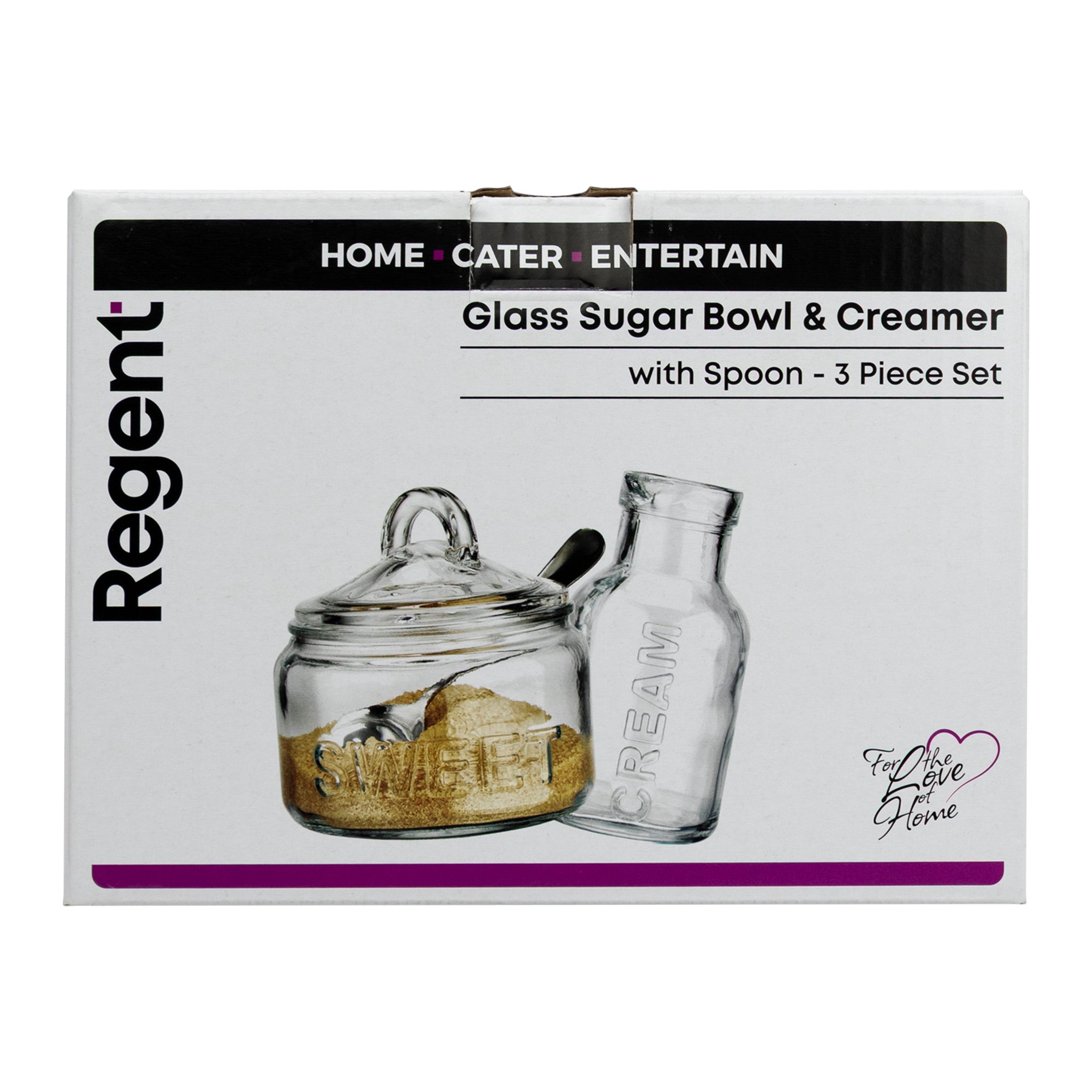 REGENT GLASS SUGAR BOWL 540ML & CREAMER 340ML WITH SPOON 3PCS SET