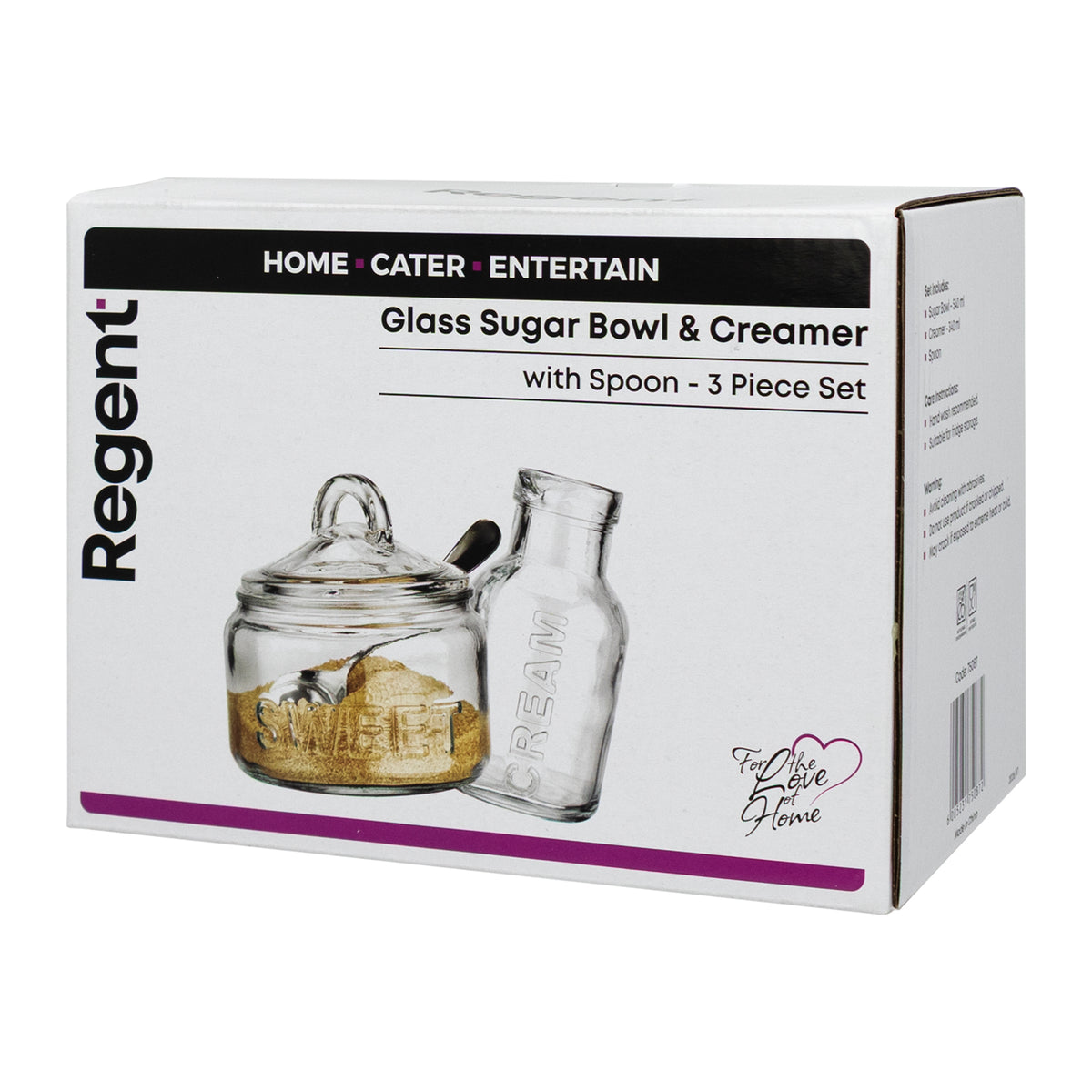 REGENT GLASS SUGAR BOWL 540ML & CREAMER 340ML WITH SPOON 3PCS SET