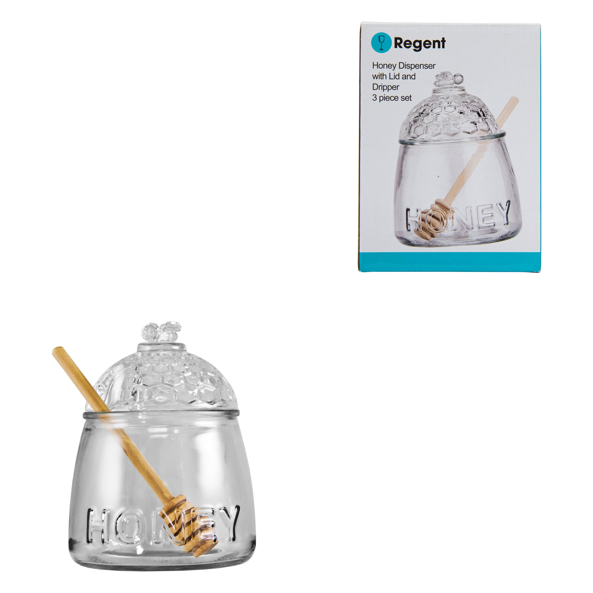 REGENT GLASS HONEY DISPENSER WITH LID & WOODEN DRIPPER 3PCS SET, 590ML