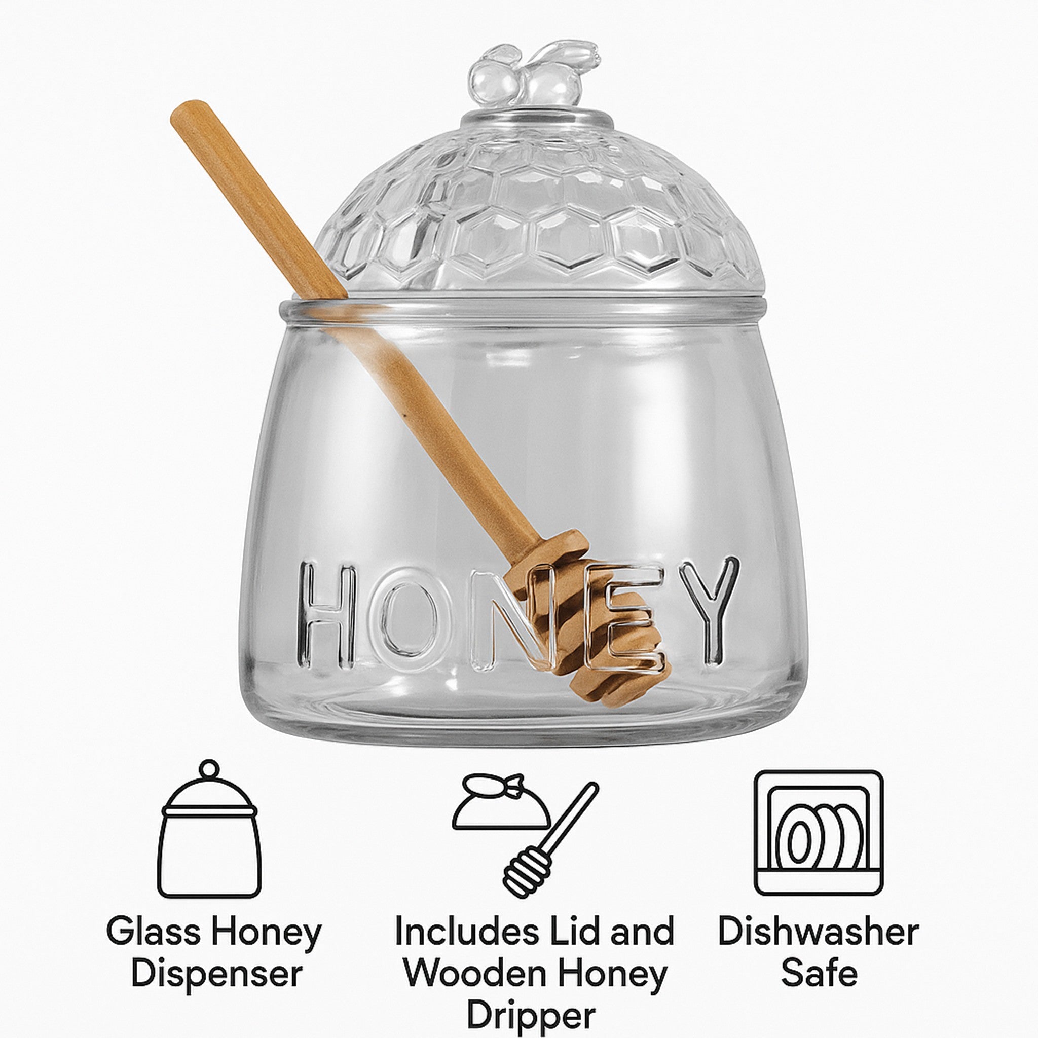 REGENT GLASS HONEY DISPENSER WITH LID & WOODEN DRIPPER 3PCS SET, 590ML