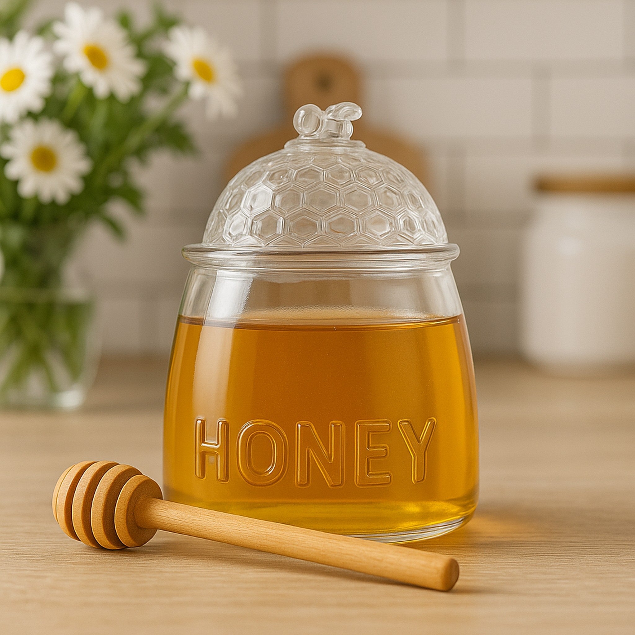 REGENT GLASS HONEY DISPENSER WITH LID & WOODEN DRIPPER 3PCS SET, 590ML
