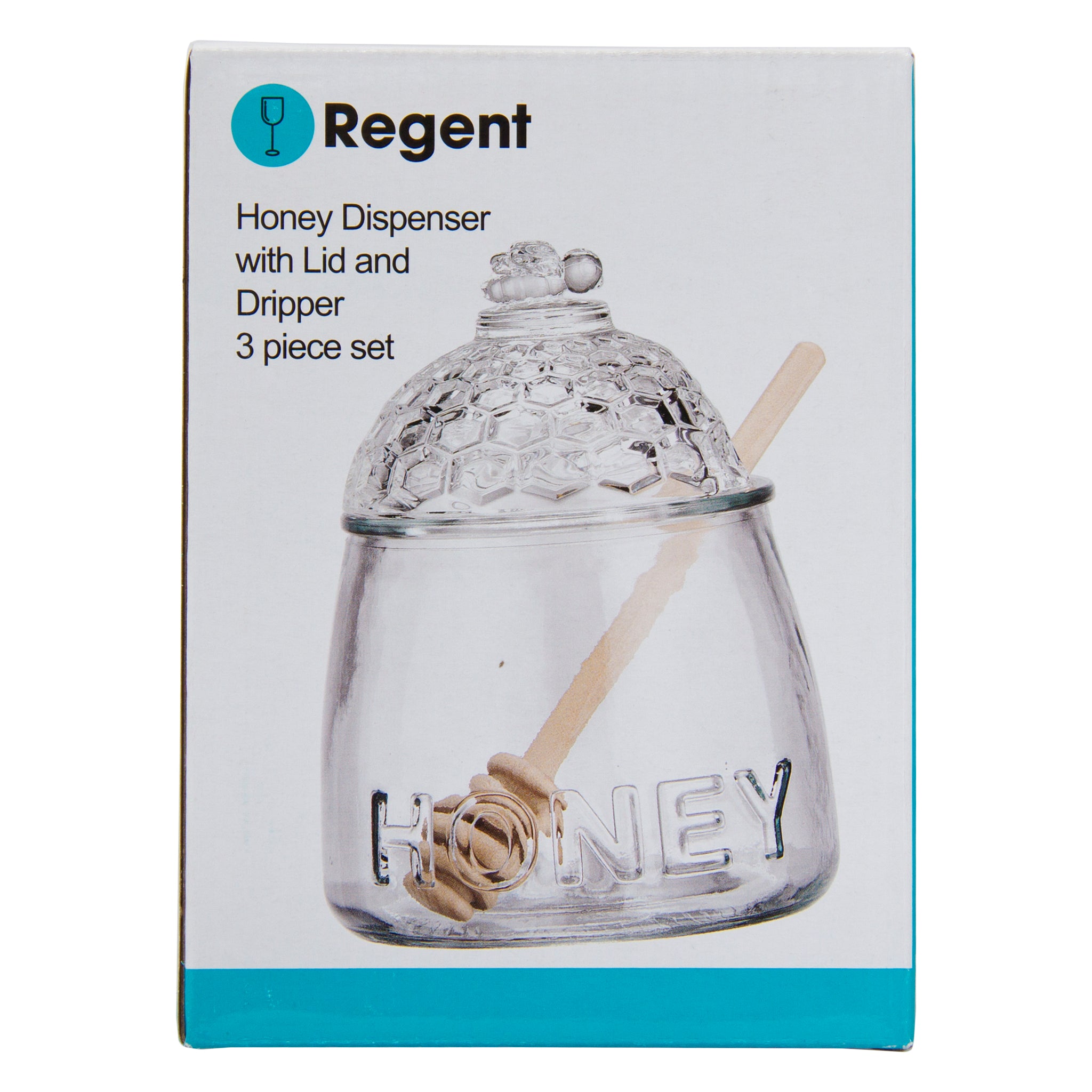 REGENT GLASS HONEY DISPENSER WITH LID & WOODEN DRIPPER 3PCS SET, 590ML
