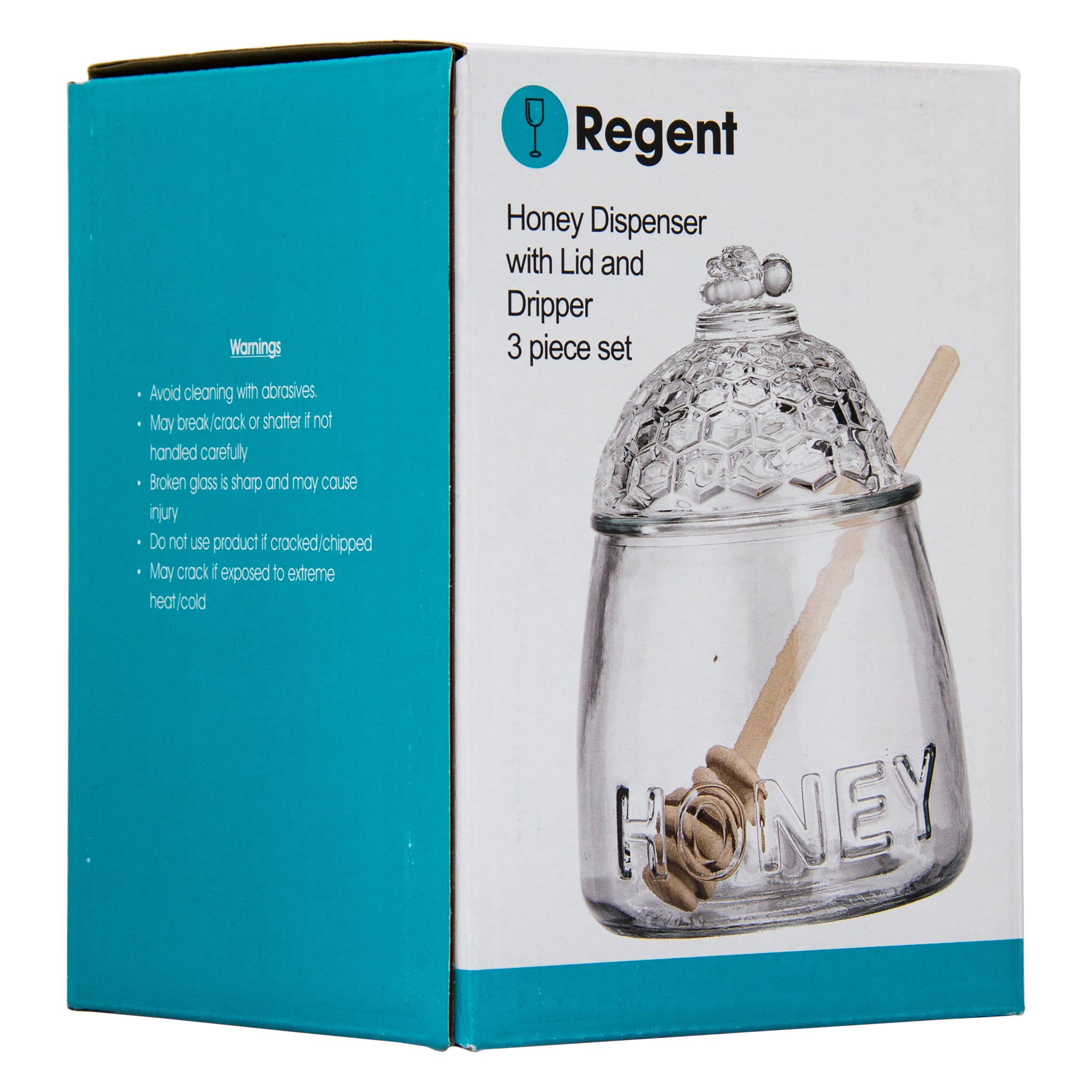 REGENT GLASS HONEY DISPENSER WITH LID & WOODEN DRIPPER 3PCS SET, 590ML