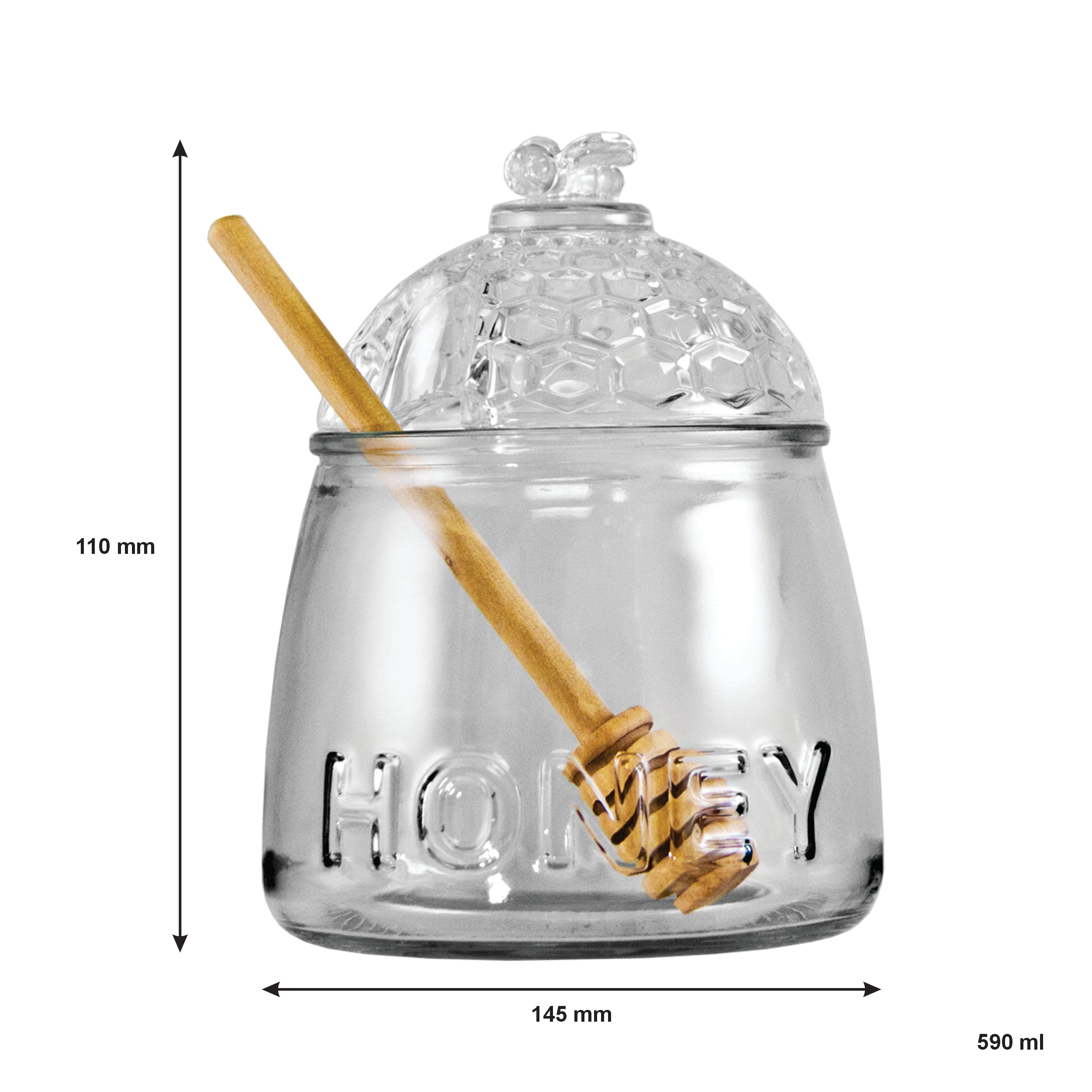REGENT GLASS HONEY DISPENSER WITH LID & WOODEN DRIPPER 3PCS SET, 590ML