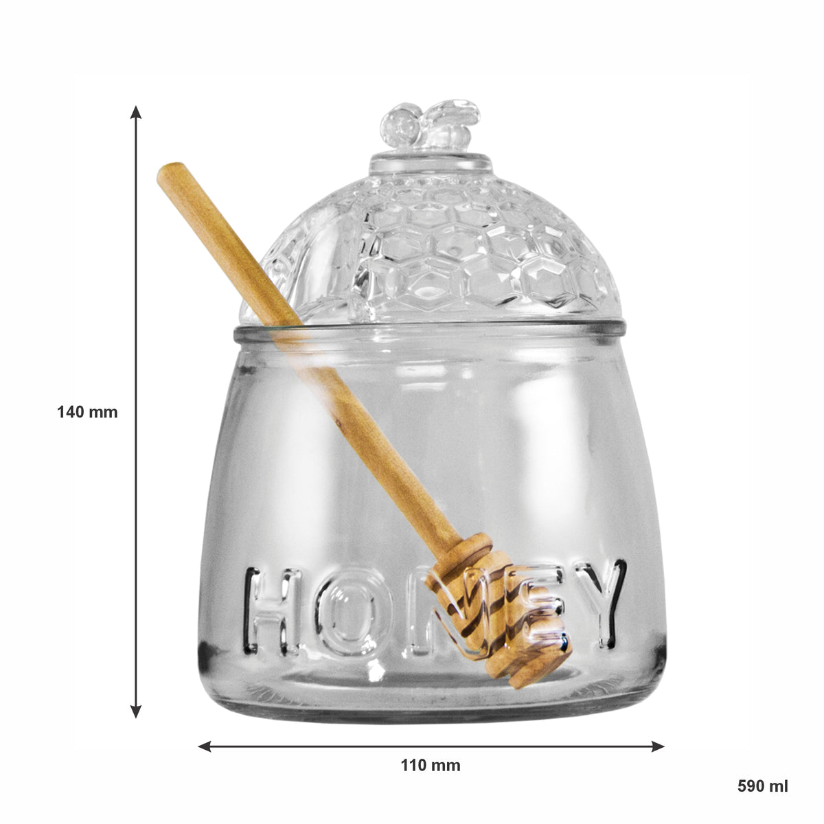 REGENT GLASS HONEY DISPENSER WITH LID & WOODEN DRIPPER 3PCS SET, 590ML