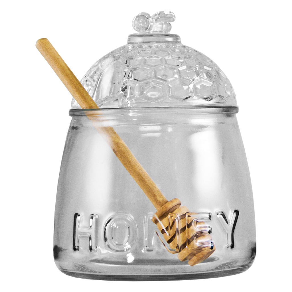 REGENT GLASS HONEY DISPENSER WITH LID & WOODEN DRIPPER 3PCS SET, 590ML
