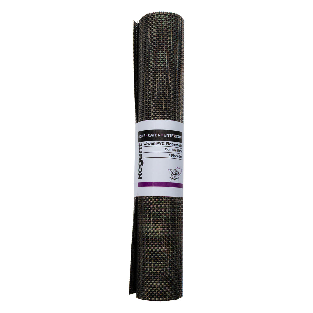 REGENT PLACE MATS WOVEN PVC NEW CAMEL/BLACK 4 PACK ROLL, 300X450MM