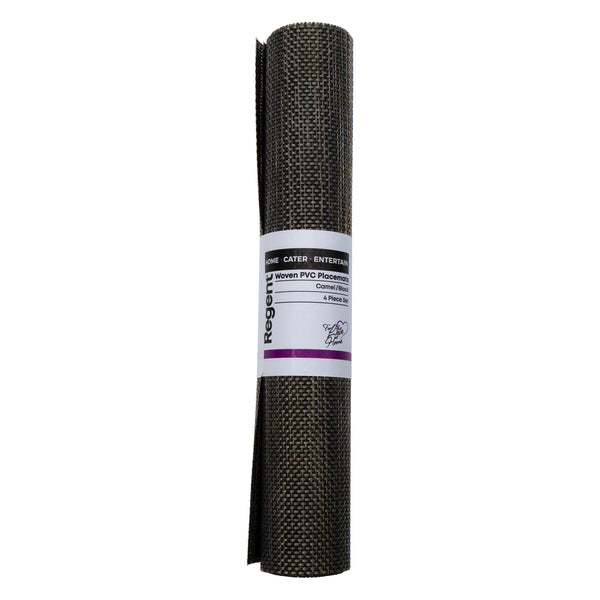 REGENT PLACE MATS WOVEN PVC NEW CAMEL/BLACK 4 PACK ROLL, 300X450MM