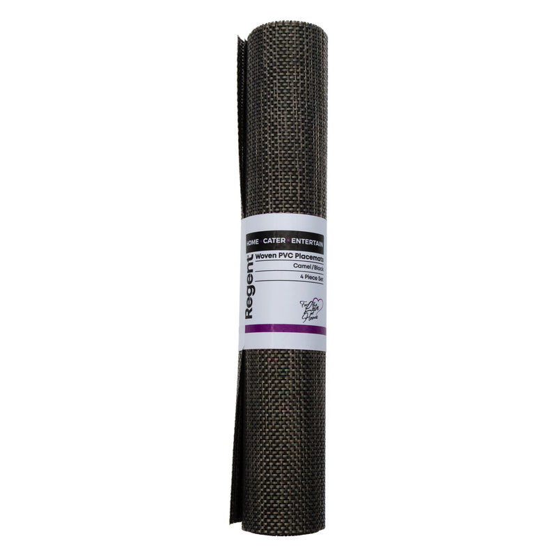 REGENT PLACE MATS WOVEN PVC NEW CAMEL/BLACK 4 PACK ROLL, 300X450MM