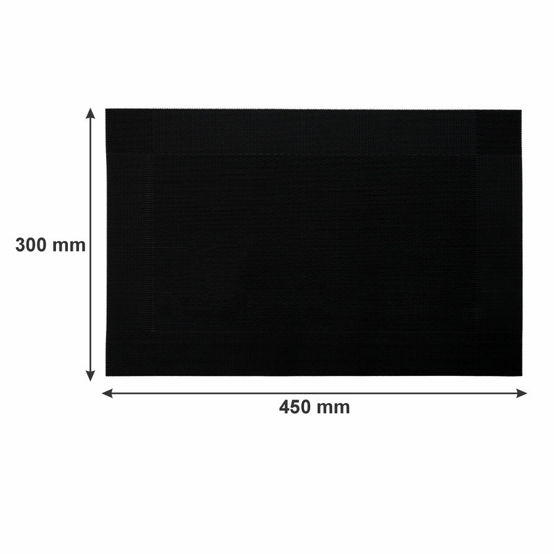 REGENT PLACE MATS WOVEN PVC BLACK WITH BORDER 4 PACK ROLL, 300xX450MM