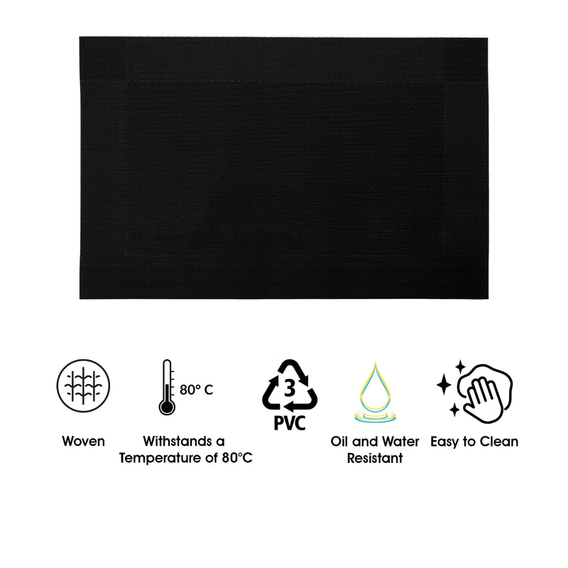 REGENT PLACE MATS WOVEN PVC BLACK WITH BORDER 4 PACK ROLL, 300xX450MM