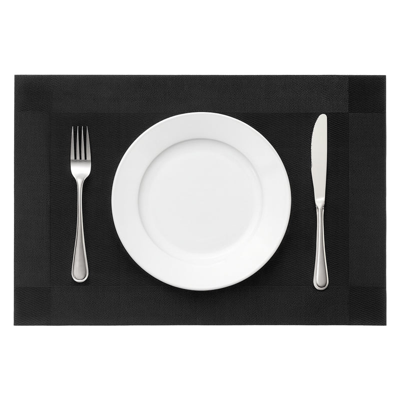 REGENT PLACE MATS WOVEN PVC BLACK WITH BORDER 4 PACK ROLL, 300xX450MM