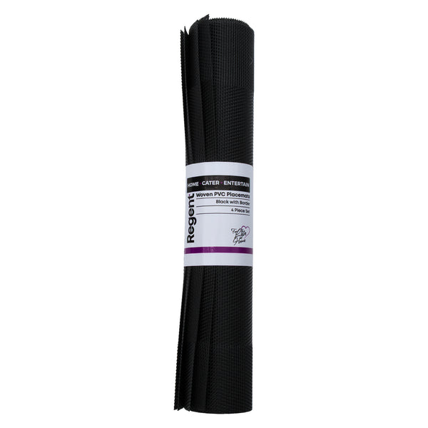 REGENT PLACE MATS WOVEN PVC BLACK WITH BORDER 4 PACK ROLL, 300xX450MM