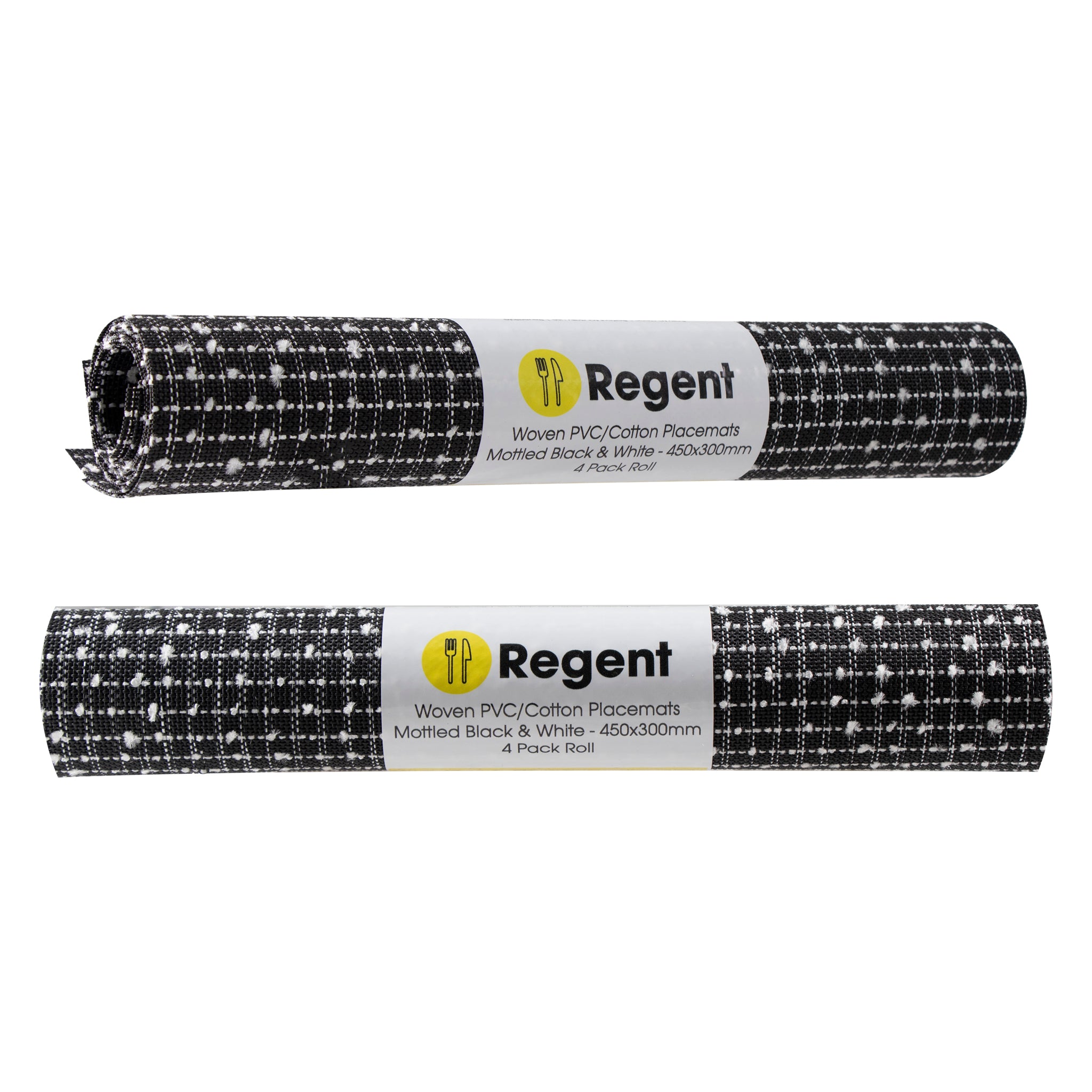 REGENT PLACE MATS WOVEN PVC & COTTON MOTTLED BLACK & WHITE 4PK ROLL, 300X450MM
