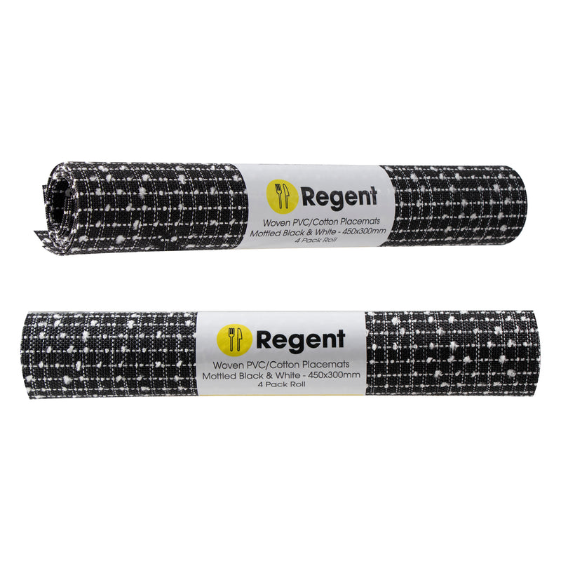 REGENT PLACE MATS WOVEN PVC/COTTON MOTTLED BLACK/WHITE, 4 PACK ROLL (300X450MM)