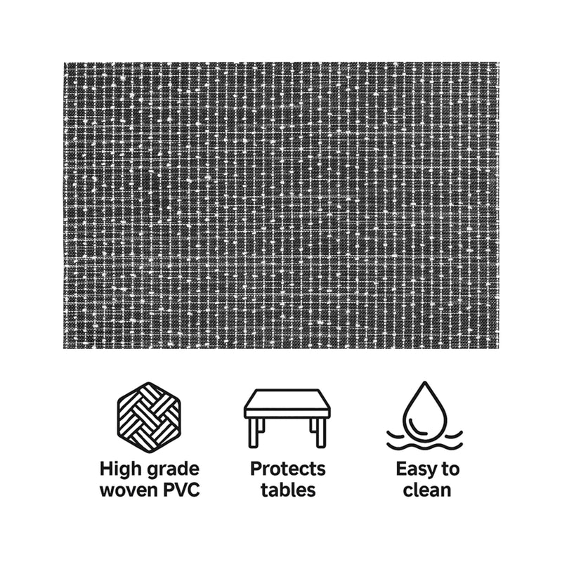 REGENT PLACE MATS WOVEN PVC/COTTON MOTTLED BLACK/WHITE 4PK ROLL, 300X450MM