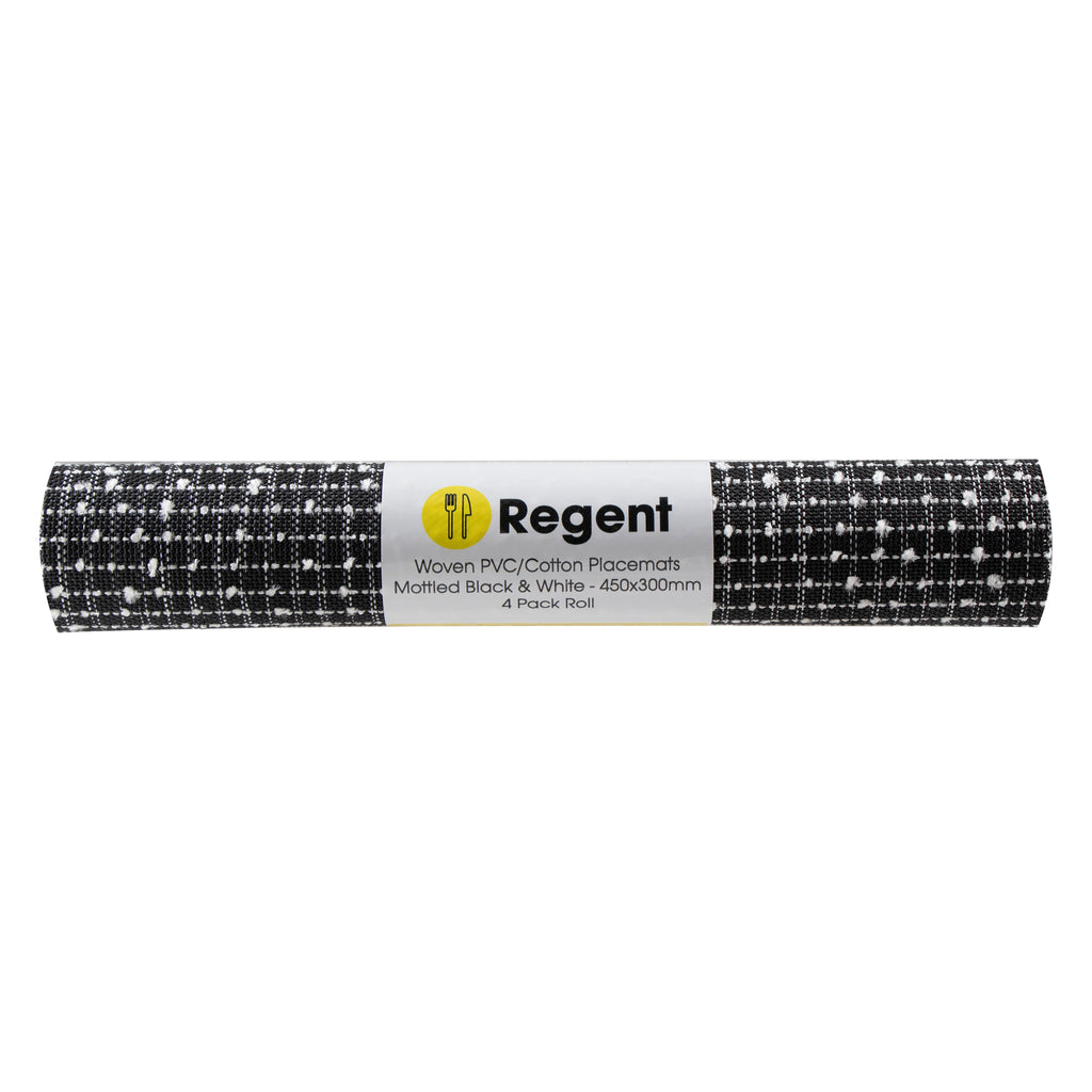 REGENT PLACE MATS WOVEN PVC & COTTON MOTTLED BLACK & WHITE 4PK ROLL, 300X450MM