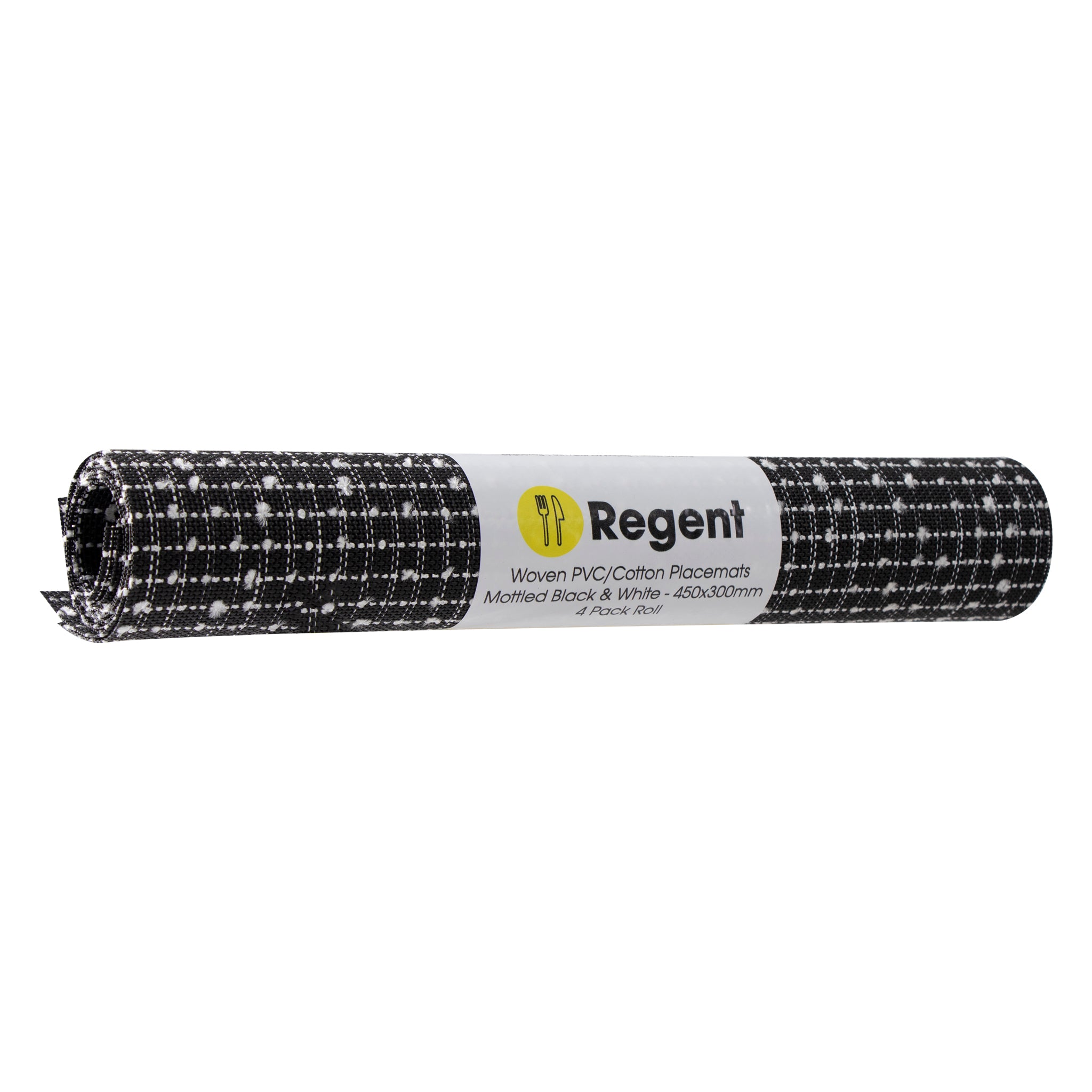 REGENT PLACE MATS WOVEN PVC & COTTON MOTTLED BLACK & WHITE 4PK ROLL, 300X450MM