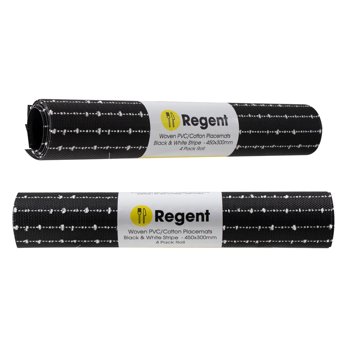 REGENT PLACE MATS WOVEN PVC BLACK WITH WHITE COTTON STRIPES 4PK ROLL, 300X450MM