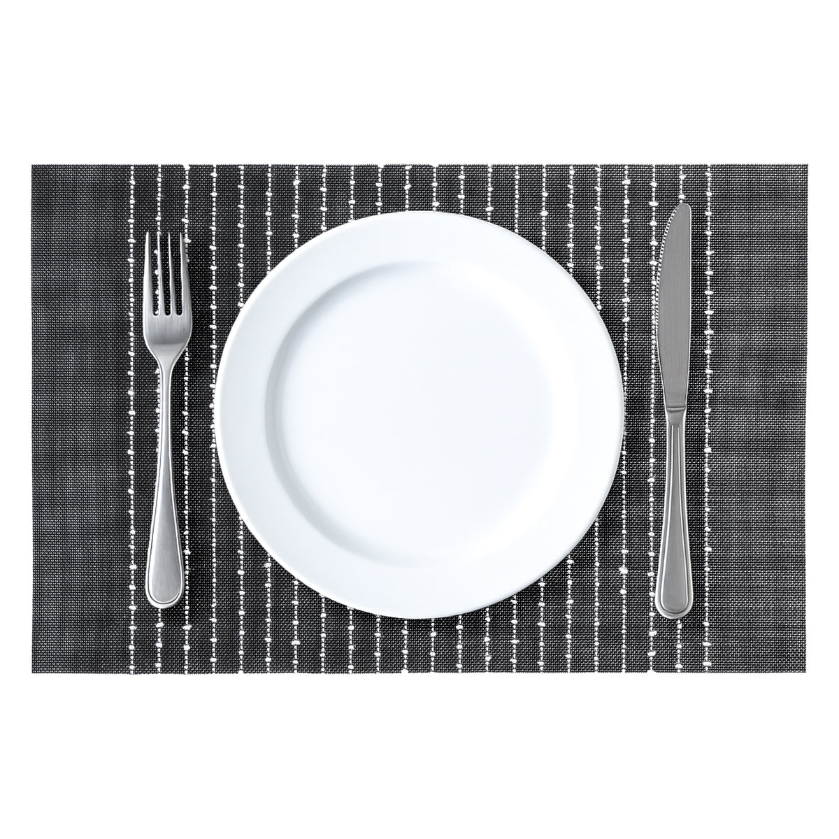 REGENT PLACE MATS WOVEN PVC BLACK WITH WHITE COTTON STRIPES 4PK ROLL, 300X450MM