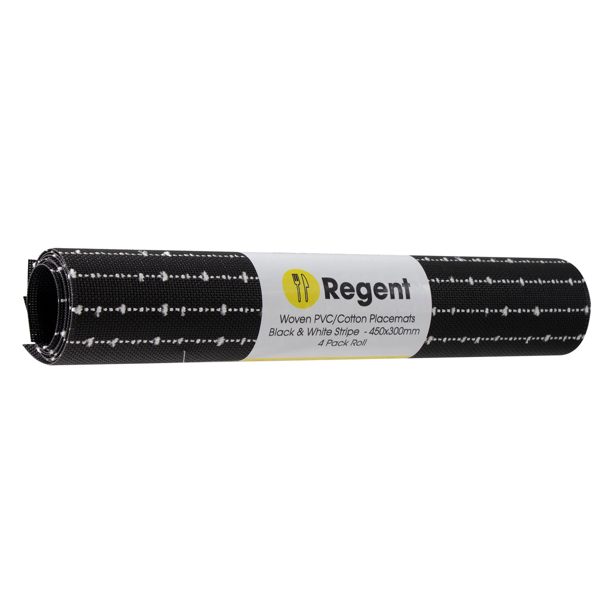 REGENT PLACE MATS WOVEN PVC BLACK WITH WHITE COTTON STRIPES 4PK ROLL, 300X450MM