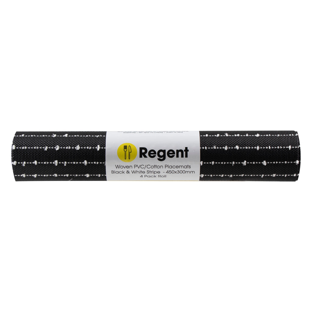 REGENT PLACE MATS WOVEN PVC BLACK WITH WHITE COTTON STRIPES 4PK ROLL, 300X450MM