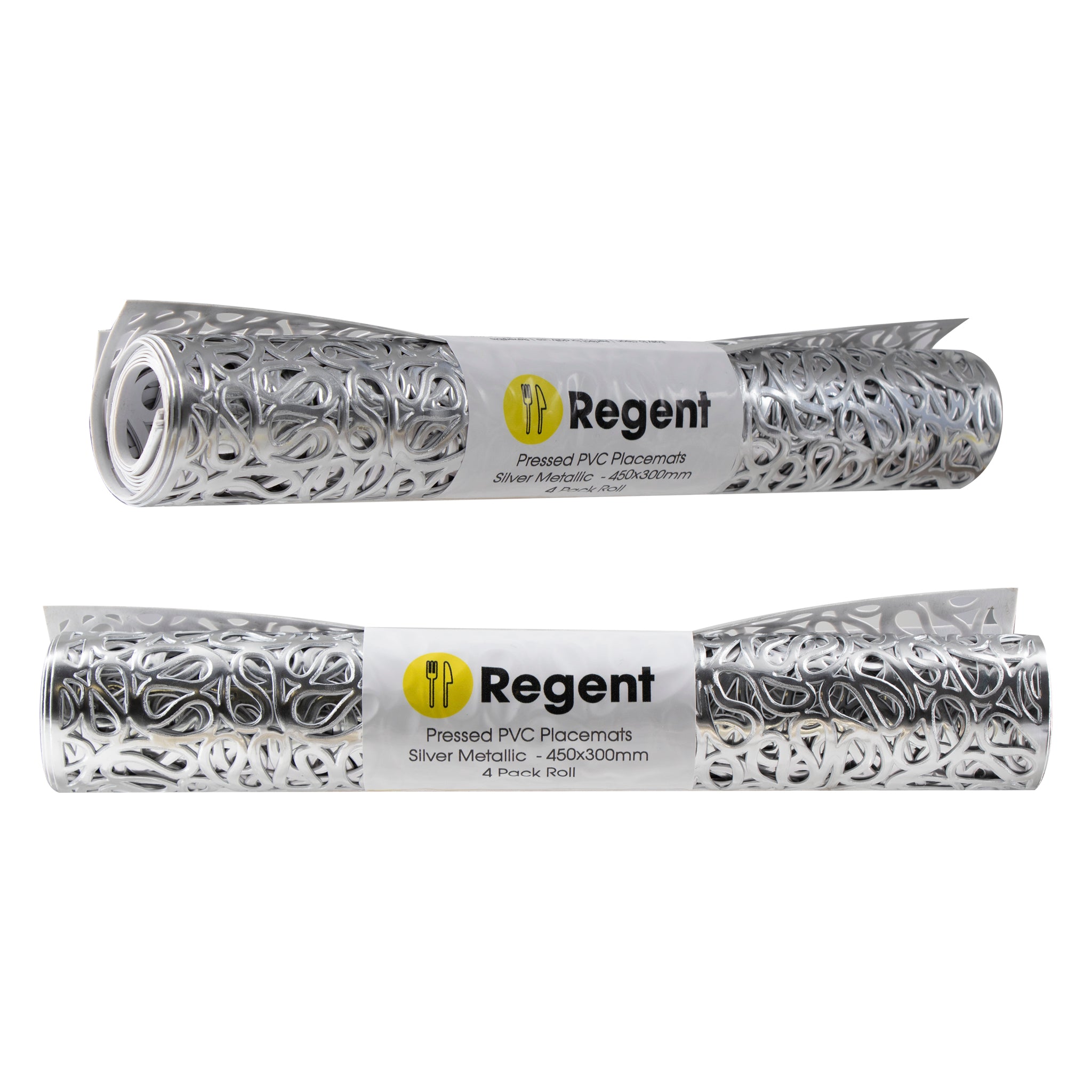 REGENT PLACE MATS PRESSED SILVER PVC 4PK ROLL, 300X450MM