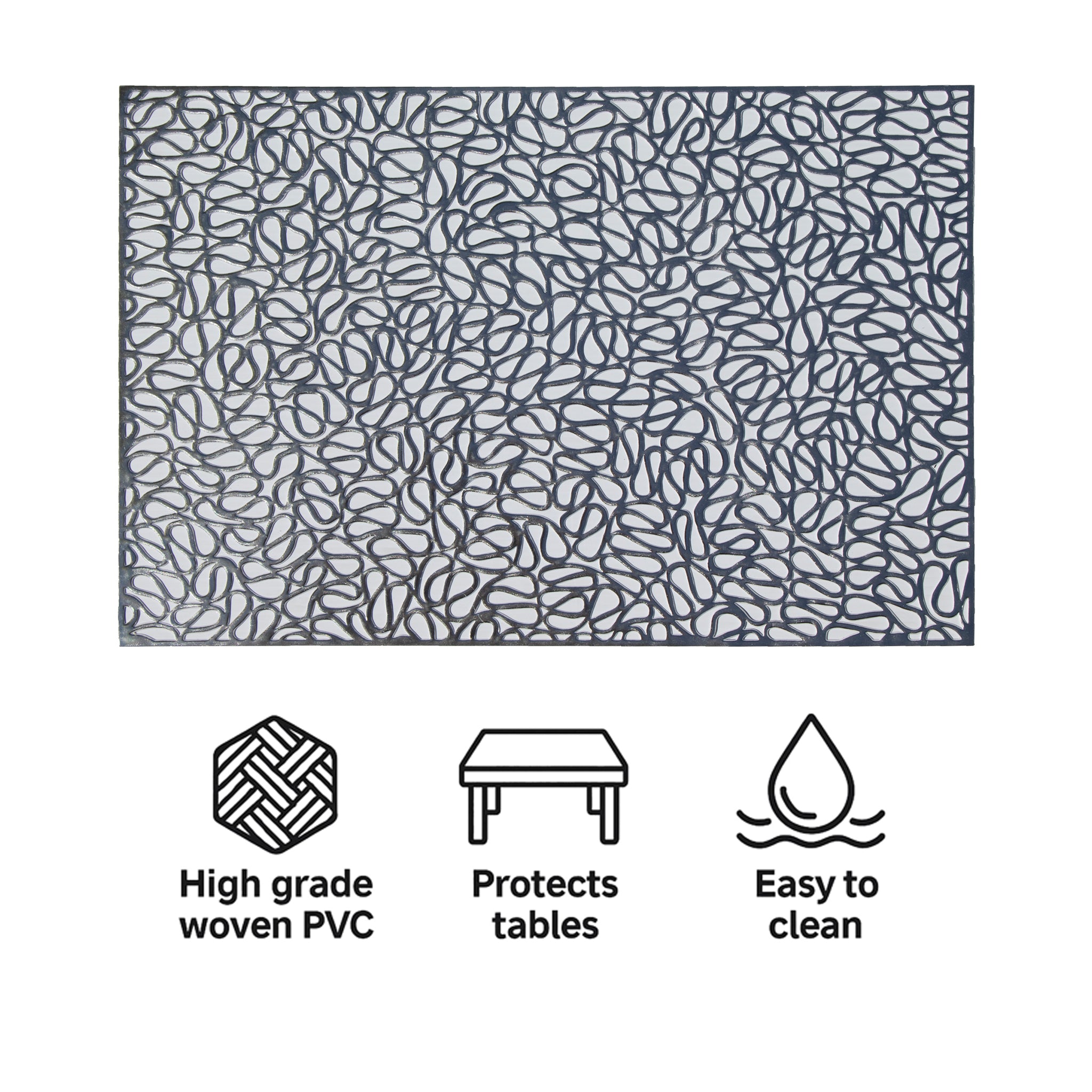 REGENT PLACE MATS PRESSED SILVER PVC 4PK ROLL, 300X450MM