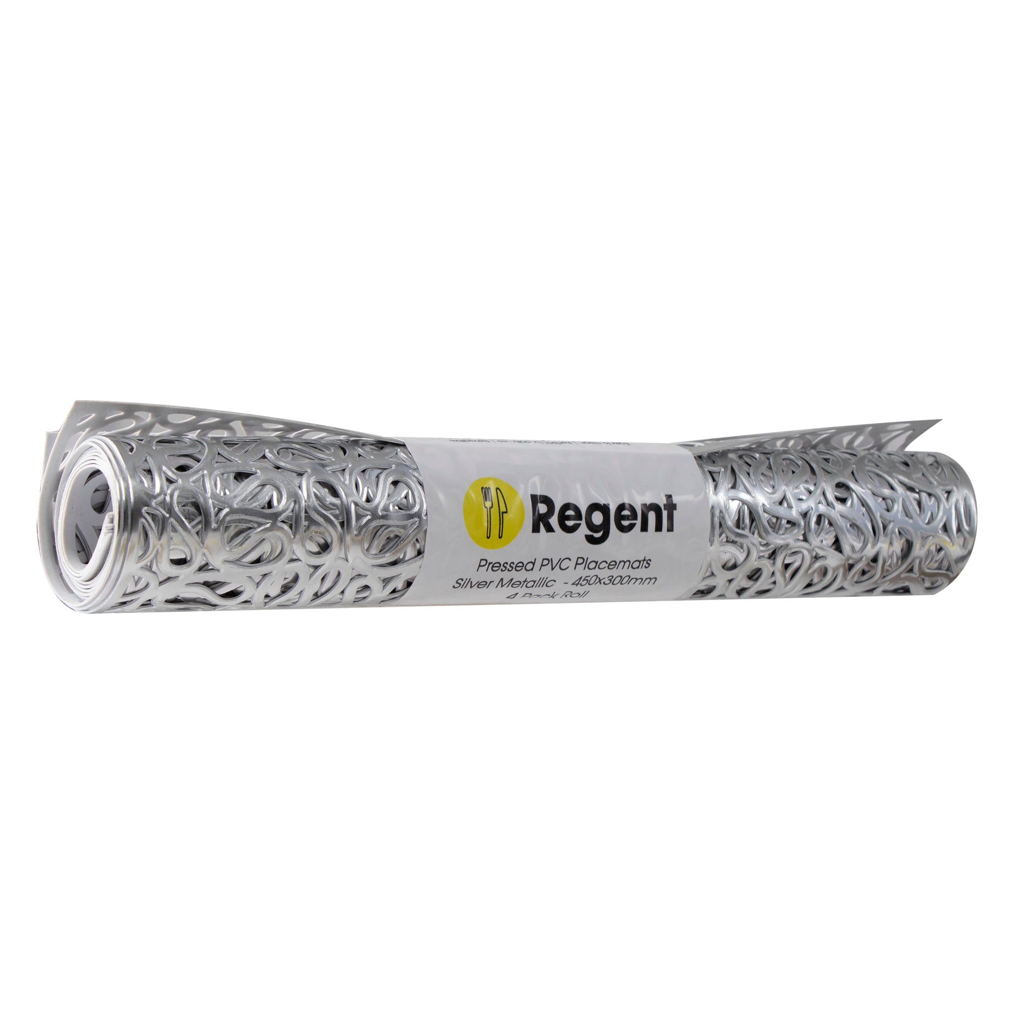 REGENT PLACE MATS PRESSED SILVER PVC 4PK ROLL, 300X450MM