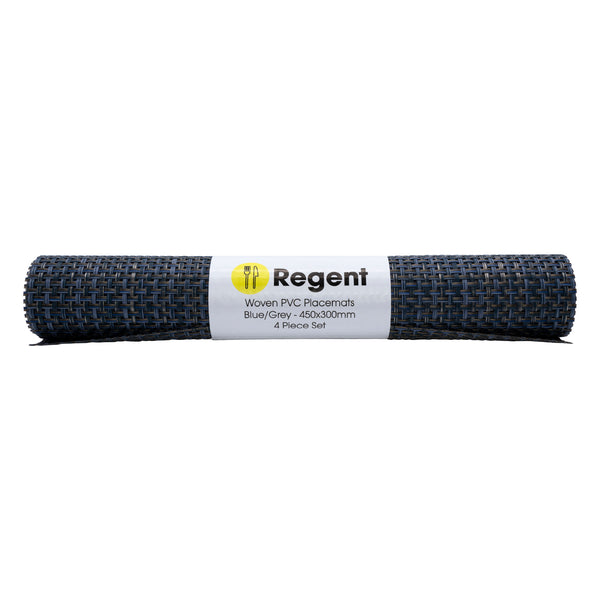 REGENT PLACE MATS WOVEN BLUE/GREY PVC, 4 PACK (300X450MM)
