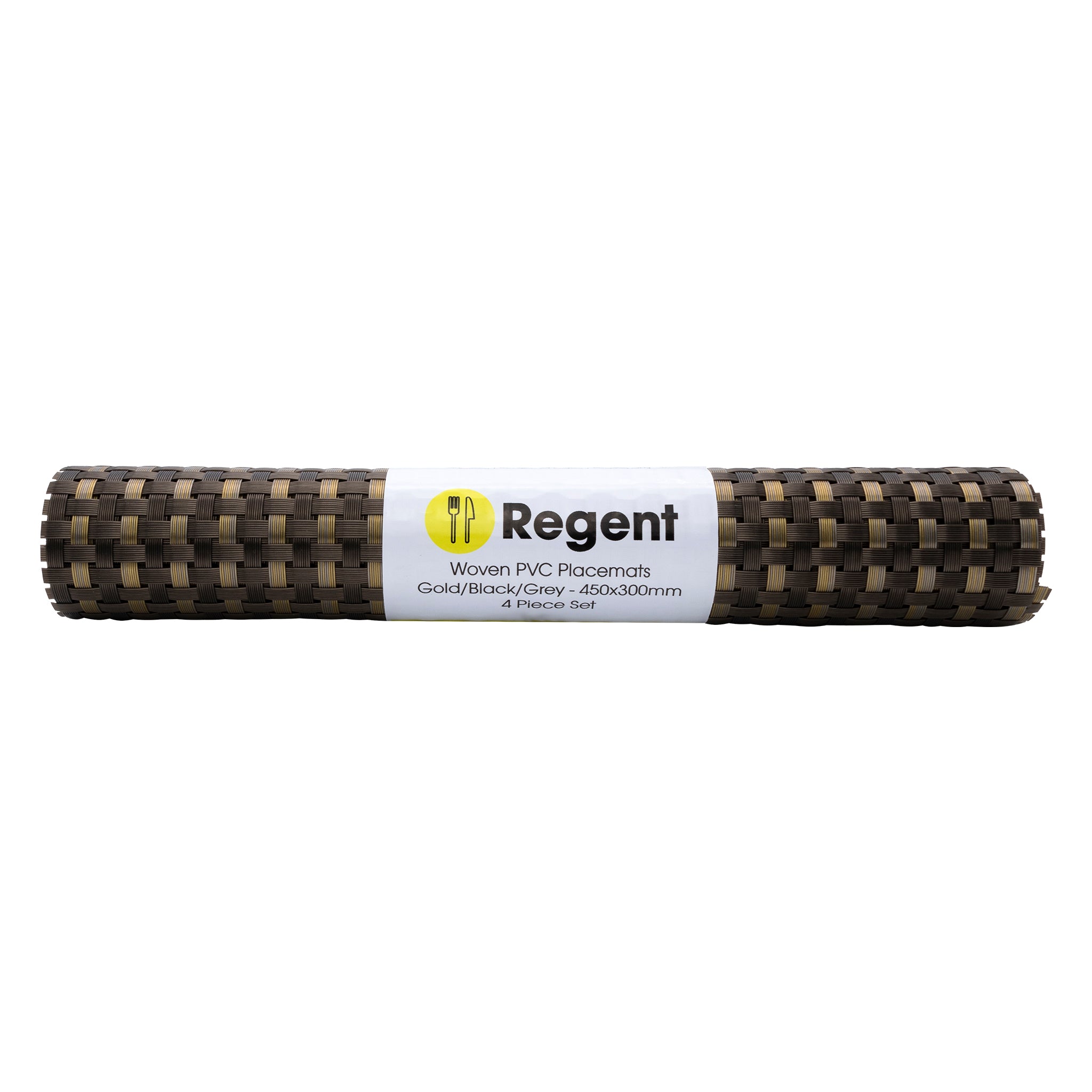 REGENT PLACE MATS WOVEN PVC GOLD/BLACK/GREY 4PK, 300X450MM