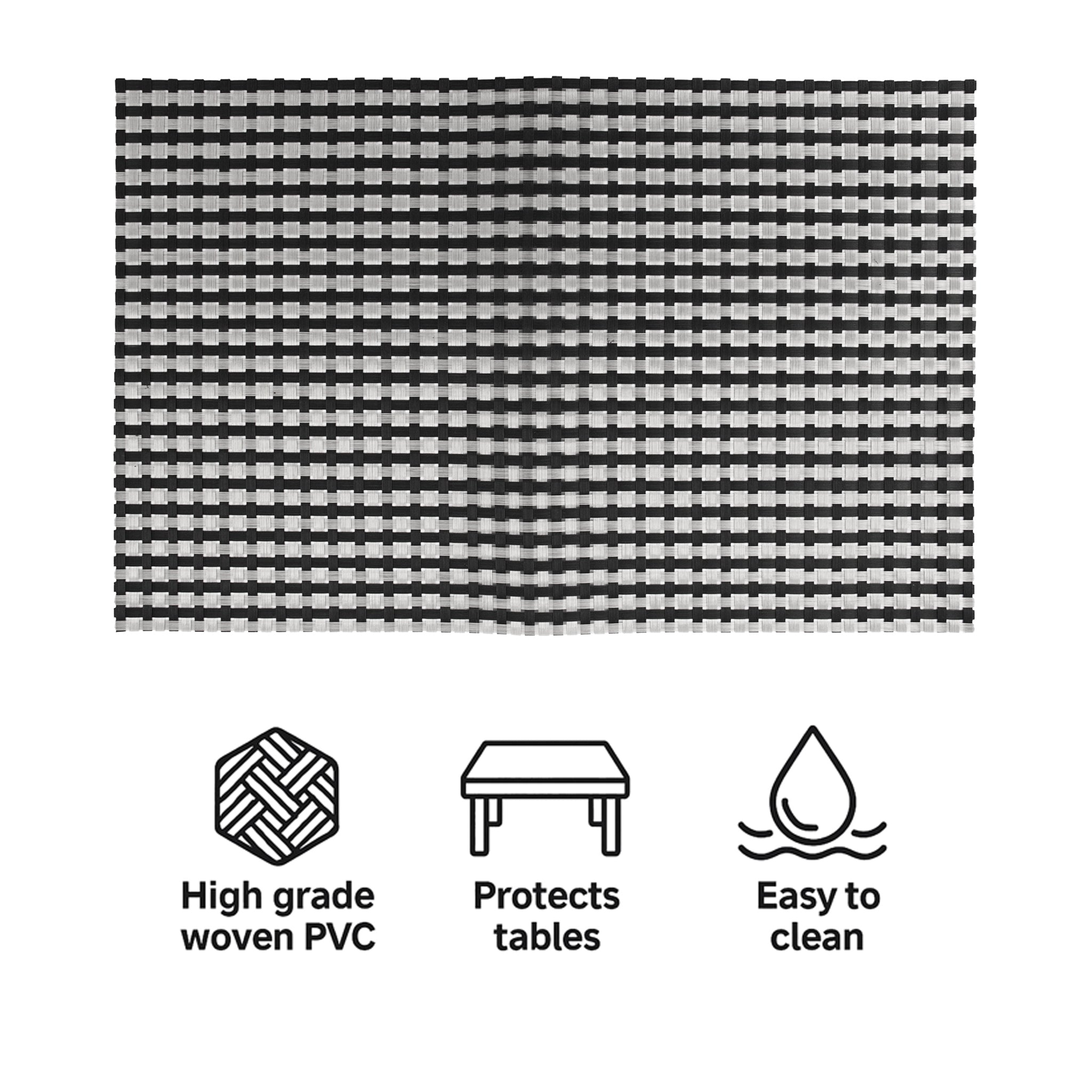 REGENT PLACE MATS WOVEN SILVER/BLACK PVC 4PK ROLL, 300X450MM