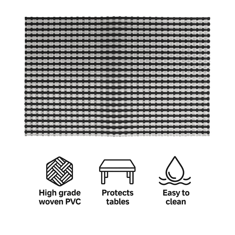 REGENT PLACE MATS WOVEN SILVER/BLACK PVC 4PK ROLL, 300X450MM